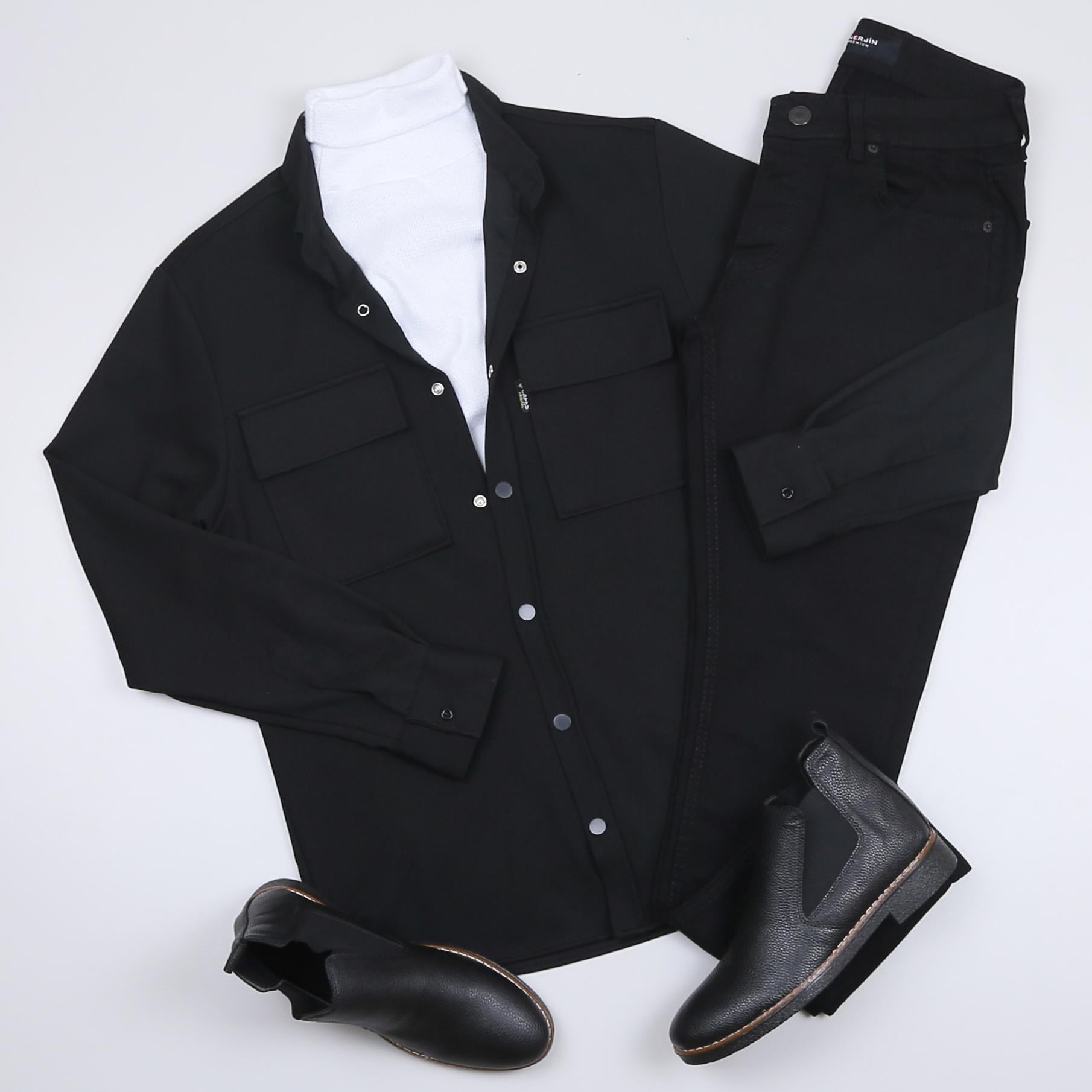 Siyah Kaşe Gömlek Boğazlı Body Pantolon Bot Kombin