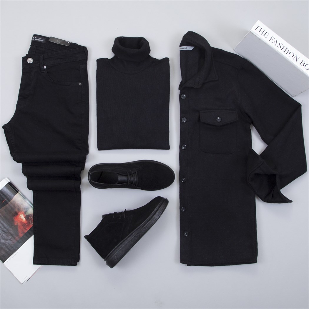 Siyah Kaşe Gömlek Boğazlı Kazak Pantolon Bot Kombin