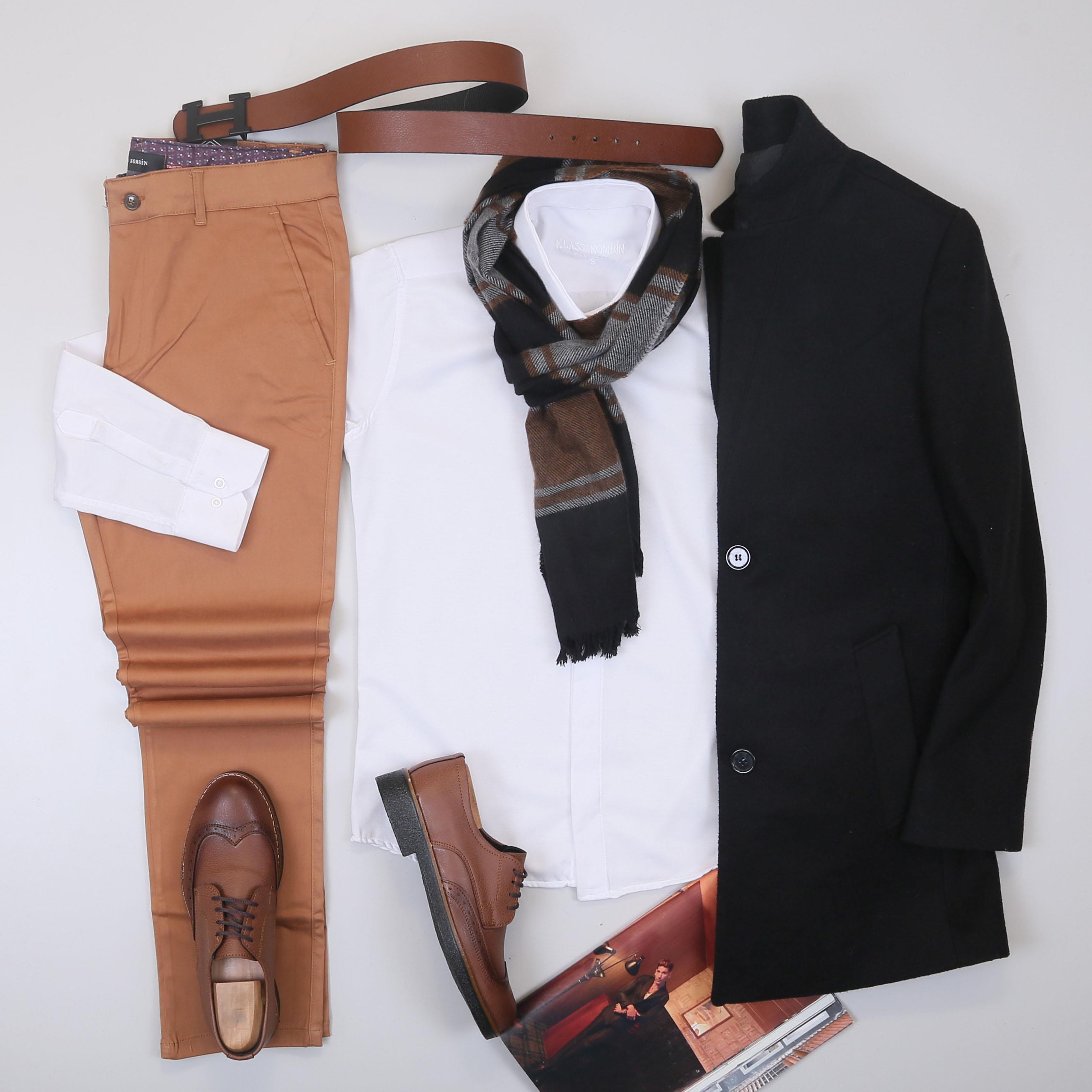 Siyah Kaşe Kaban Gömlek Pantolon Ayakkabı Kombin