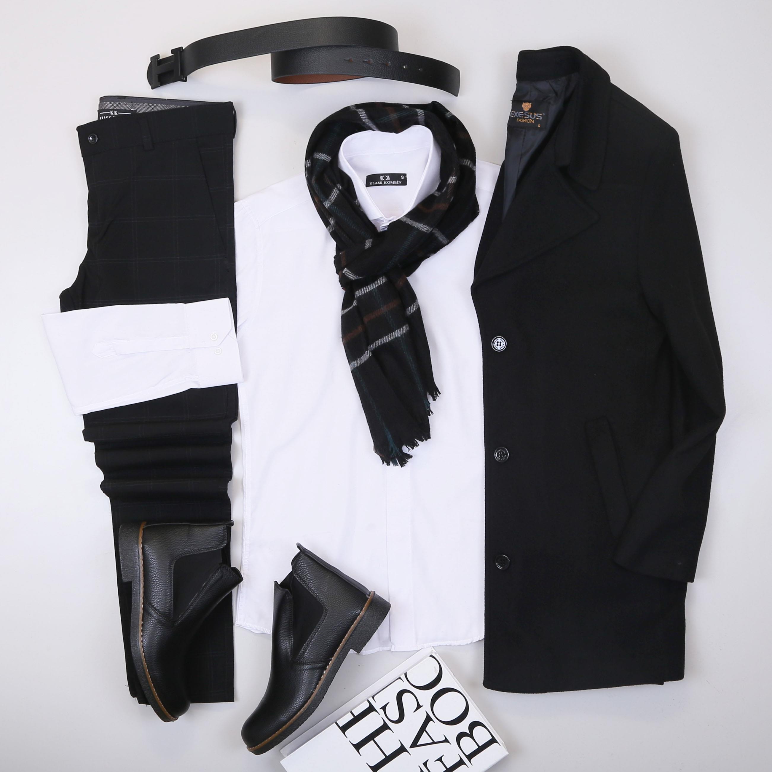 Siyah Kaşe Kaban Gömlek Pantolon Bot Kombin