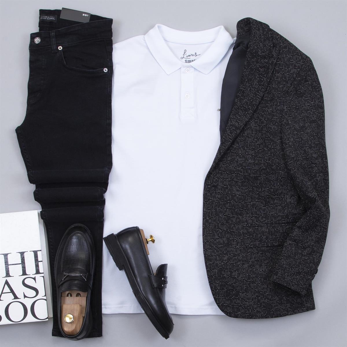 Siyah Kırçıllı Blazer Blazer Ceket Polo Yaka Tişört Pantolon Ayakkabı Kombin