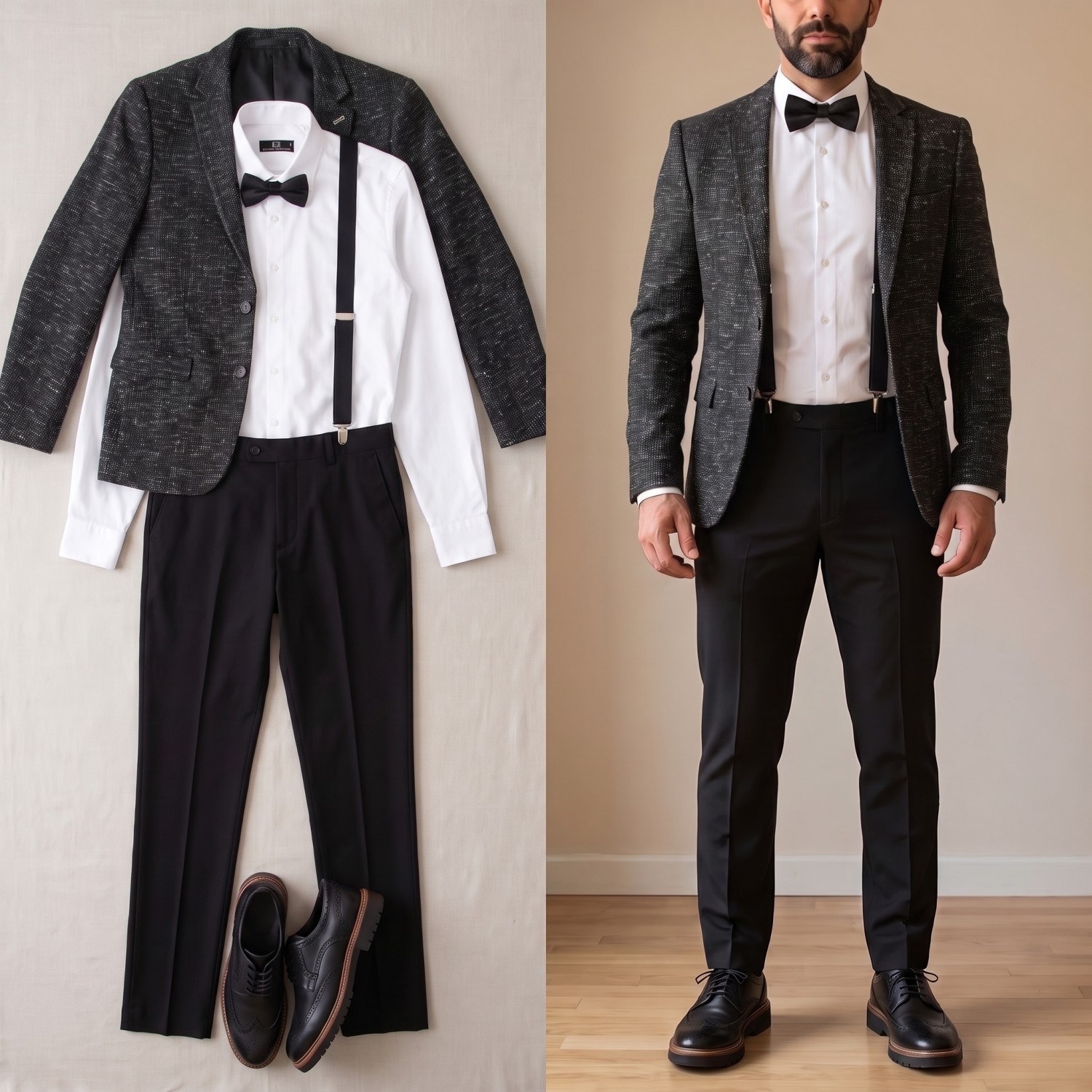Kırçıllı Siyah Blazer Ceket Gömlek Pantolon Papyon Askı Ayakkabı Kombin