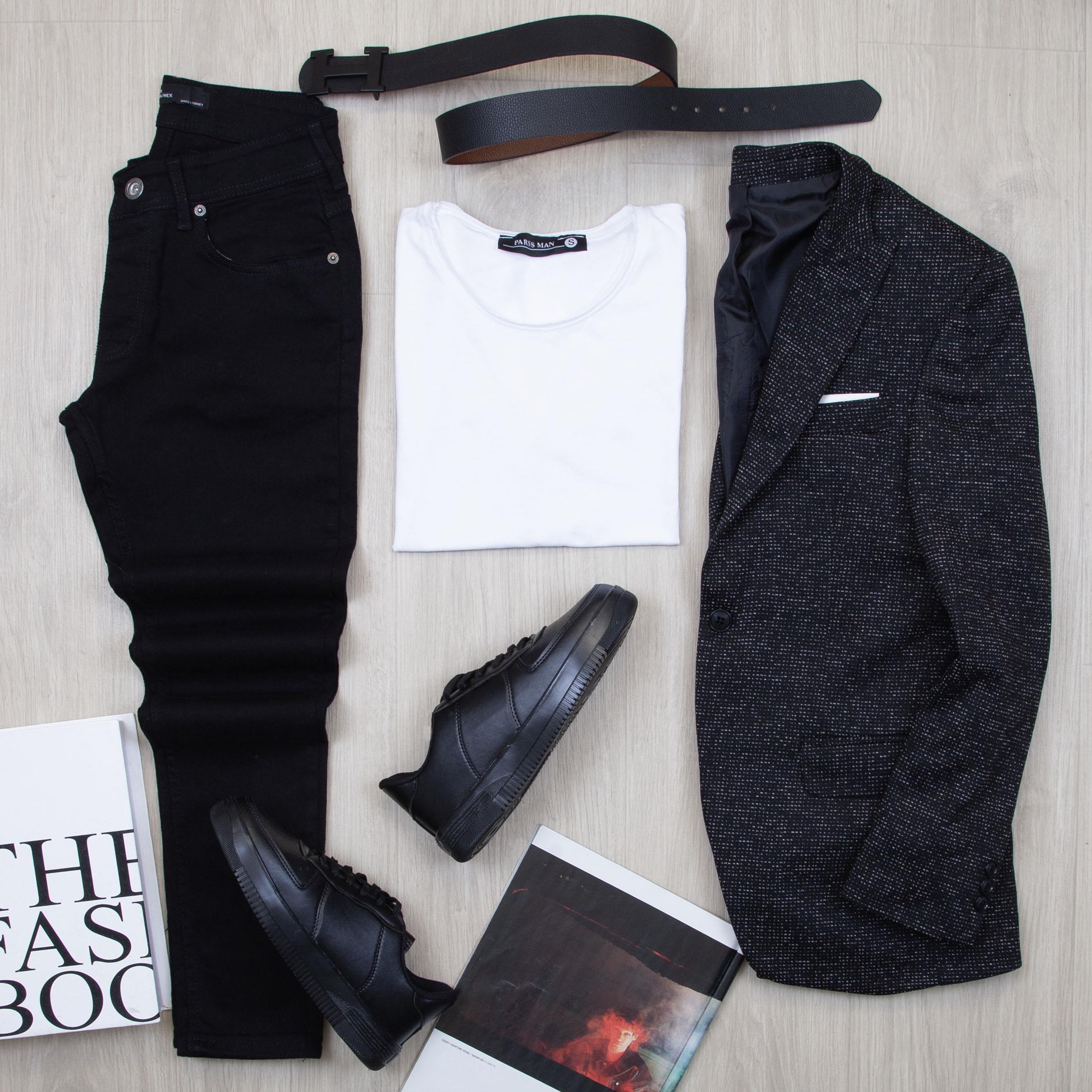 Siyah Kırçıllı Blazer Ceket Tişört Pantolon Ayakkabı Kombin