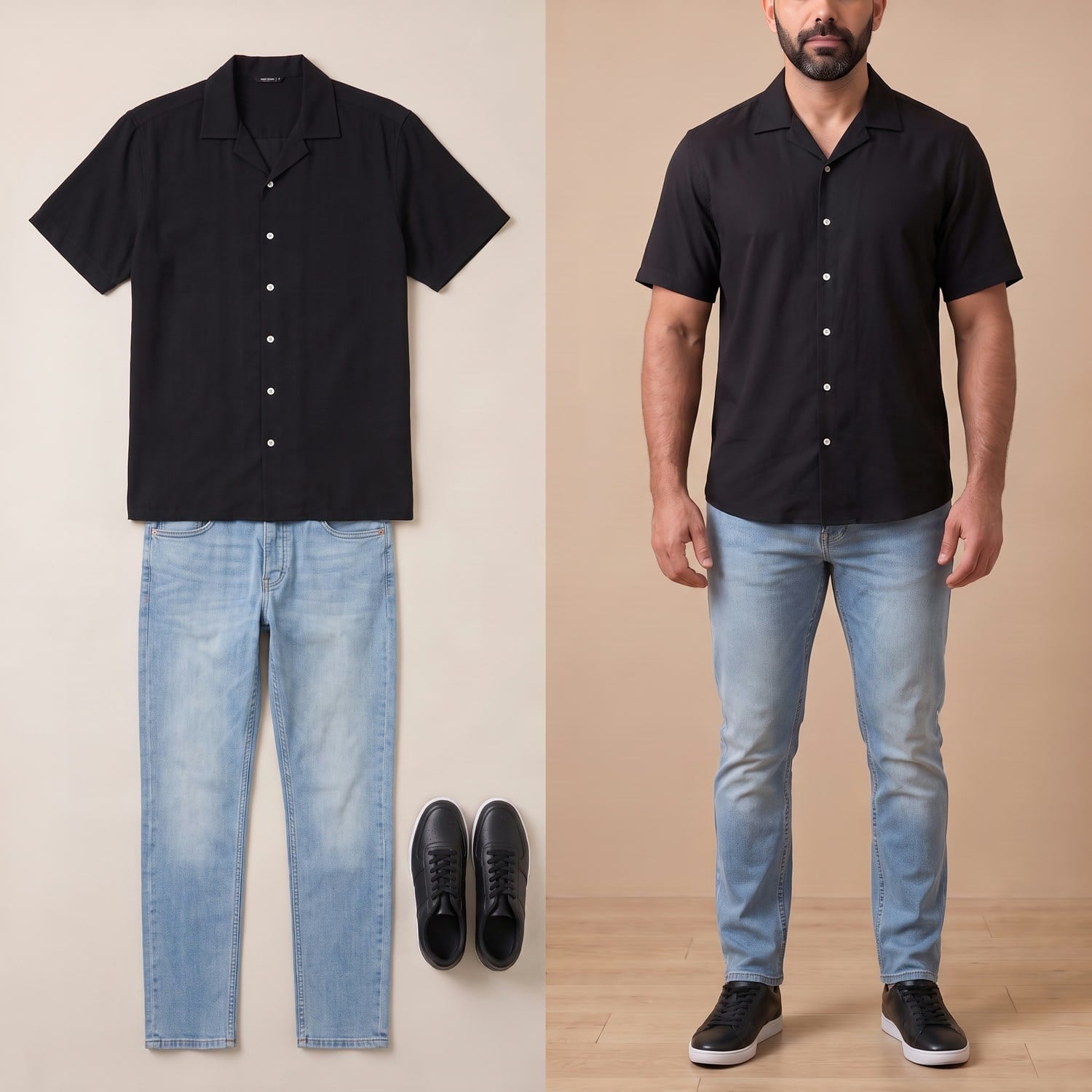 Siyah Kısa Kollu Gömlek Pantolon Kombini Erkek | Slim Fit Şık Günlük Set
