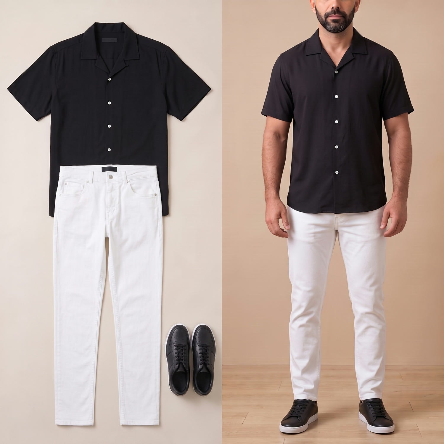 Siyah Kısa Kollu Gömlek Pantolon Kombini Erkek | Slim Fit Şık Günlük Set