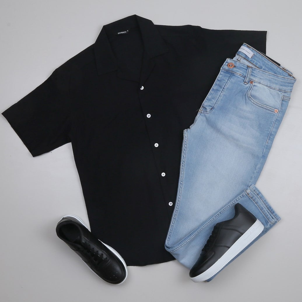 Siyah Kısa Kollu Gömlek Pantolon Kombini Erkek | Slim Fit Şık Günlük Set