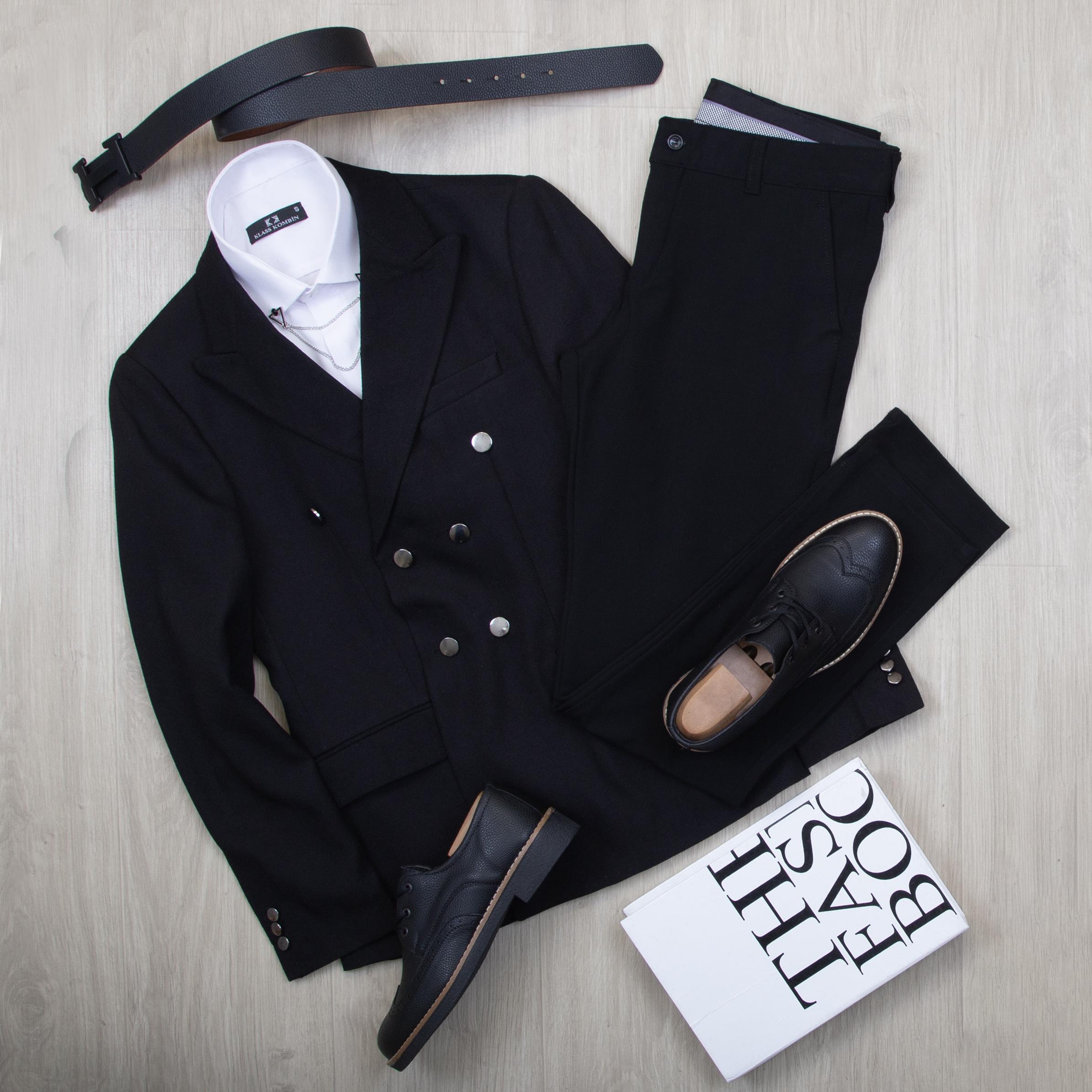 Siyah Kruvaze Blazer Ceket Gömlek Pantolon Ayakkabı Kombin