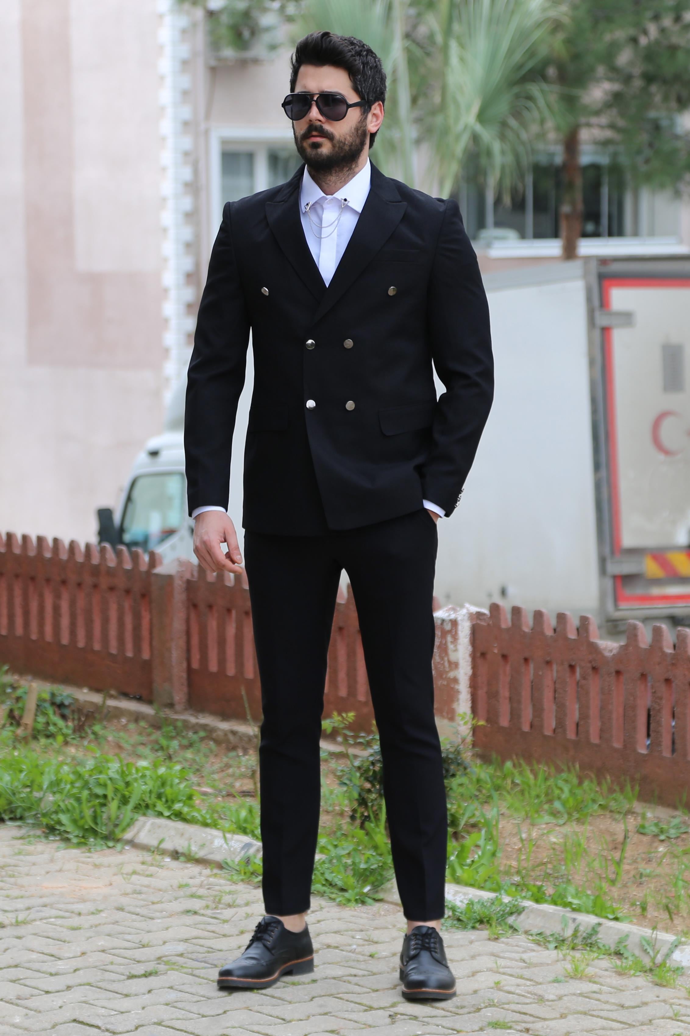 Siyah Kruvaze Blazer Ceket Kombini