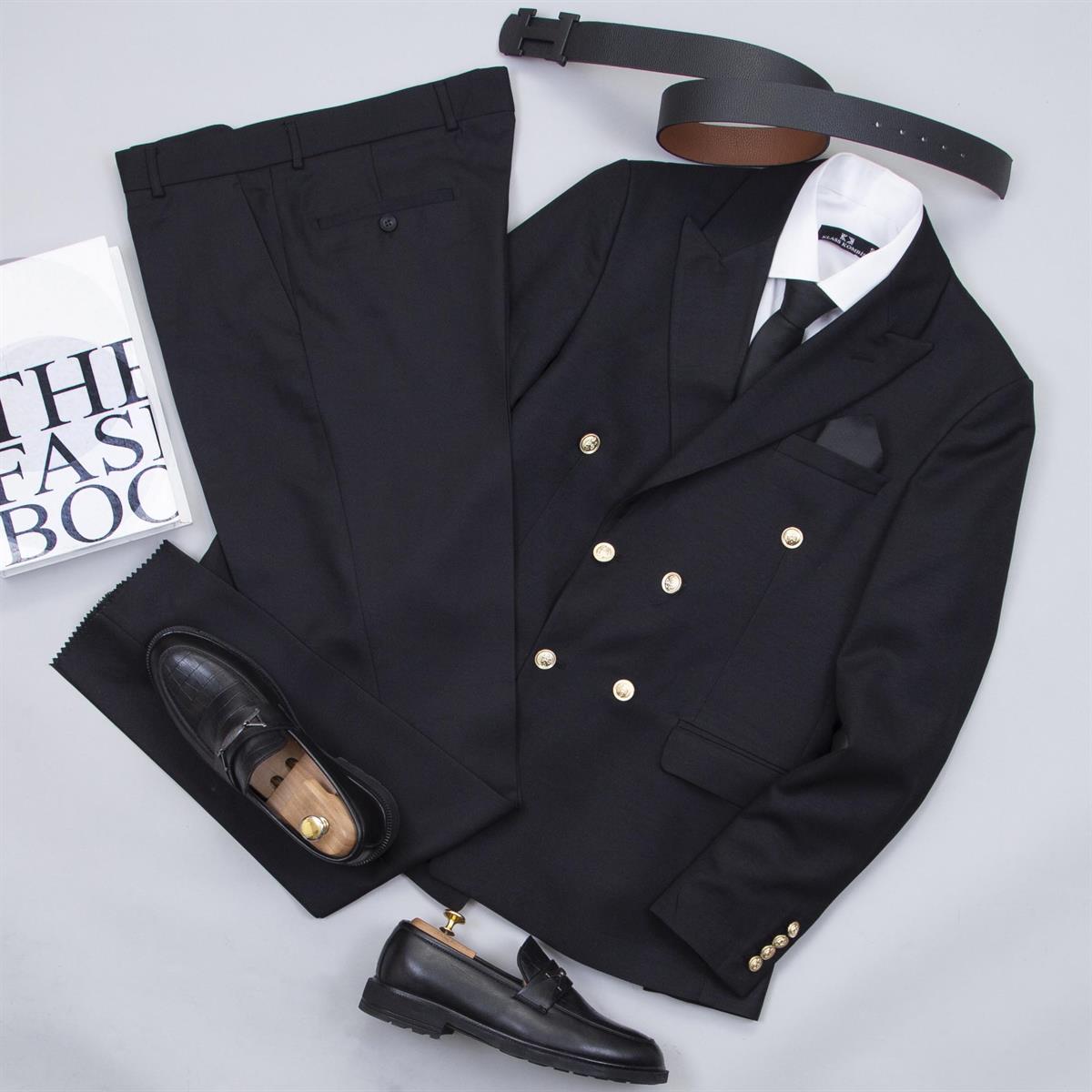 Siyah Kruvaze Takım Elbise Kombini