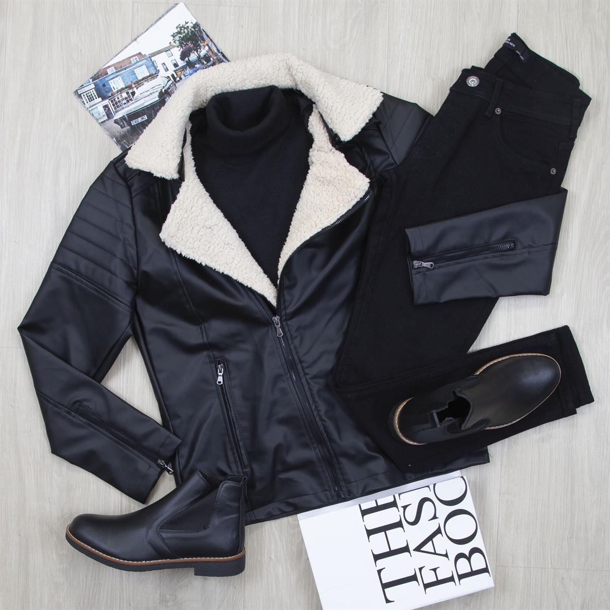 Siyah Kürklü Deri Ceket Boğazlı Body Pantolon Ayakkabı Kombin