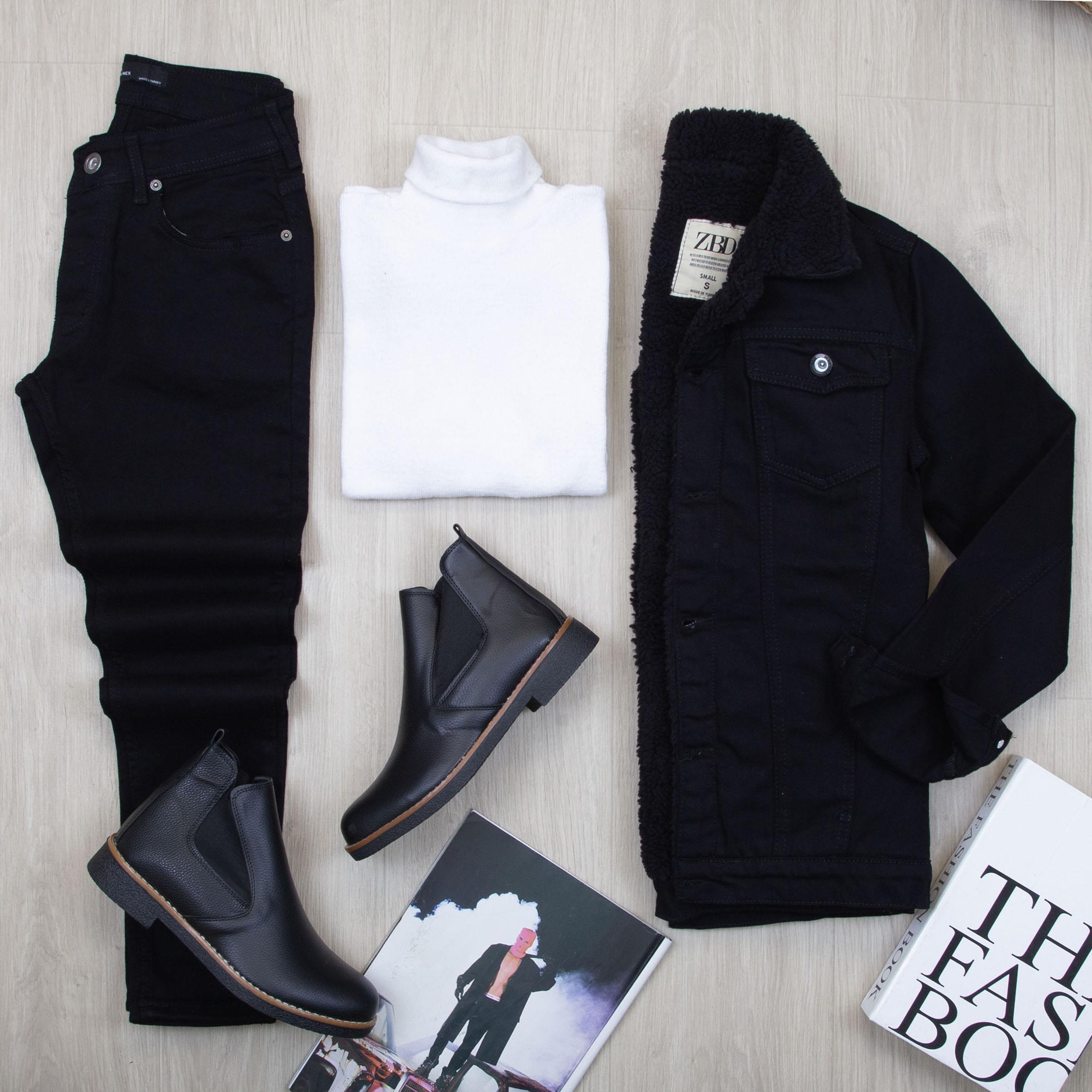 Siyah Kürklü Kot Ceket Boğazlı Body Pantolon Bot Kombin