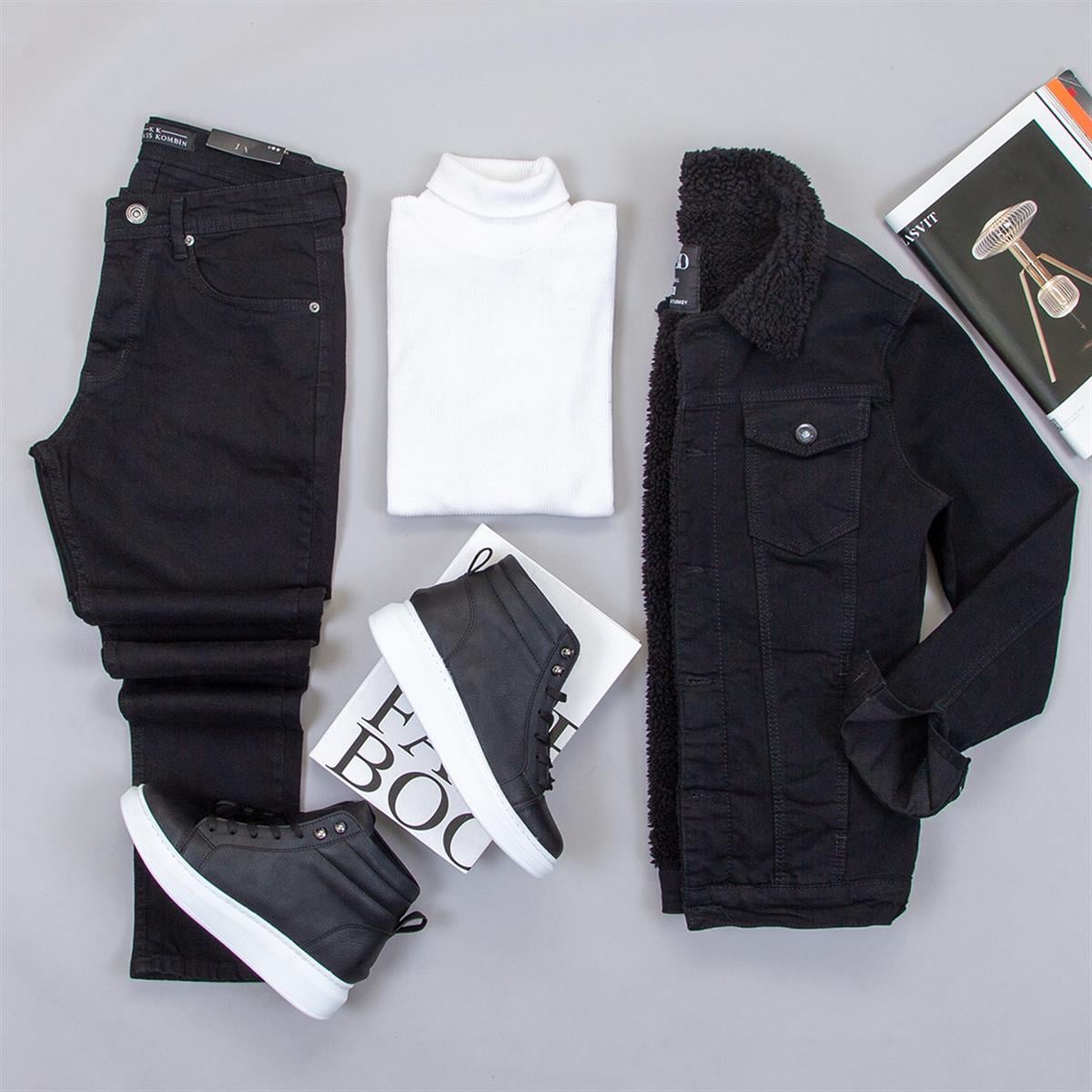 Siyah Mavi Kürklü Kot Ceket Boğazlı Kazak Pantolon Ayakkabı Kombin