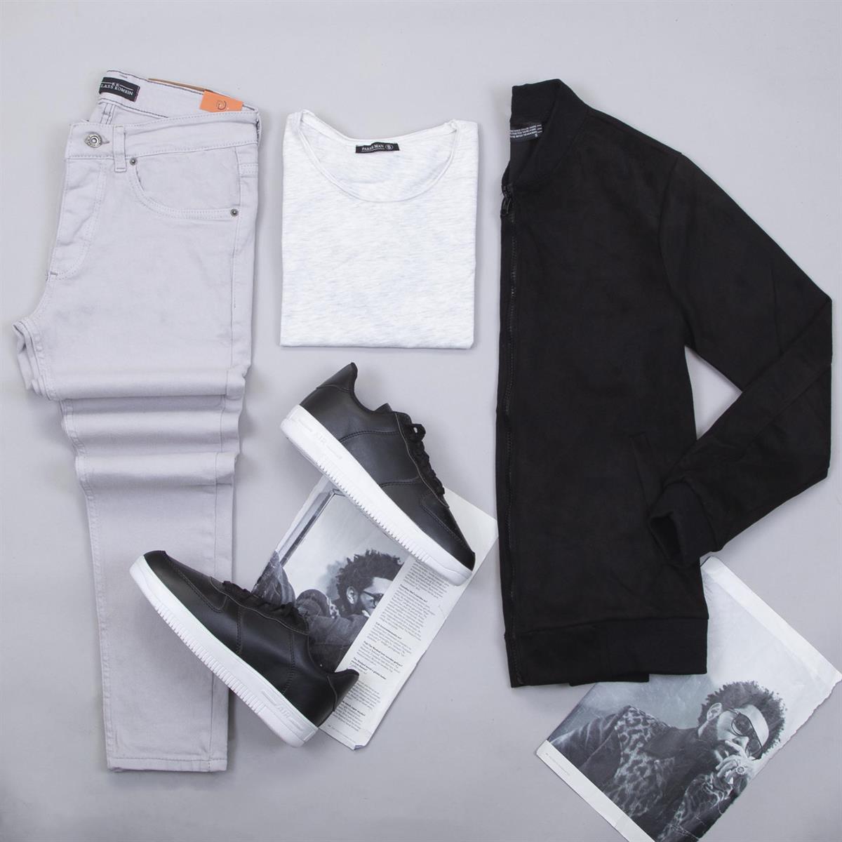 Siyah Nubuk Ceket Tişört Pantolon Ayakkabı Kombin