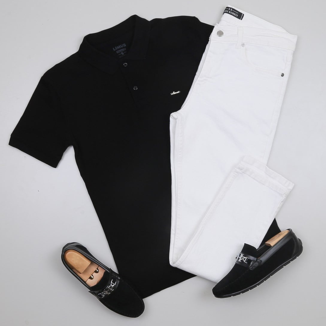 Siyah Polo Yaka Tişört Kot Pantolon Kombini Erkek | Slim Fit Şık Günlük Set