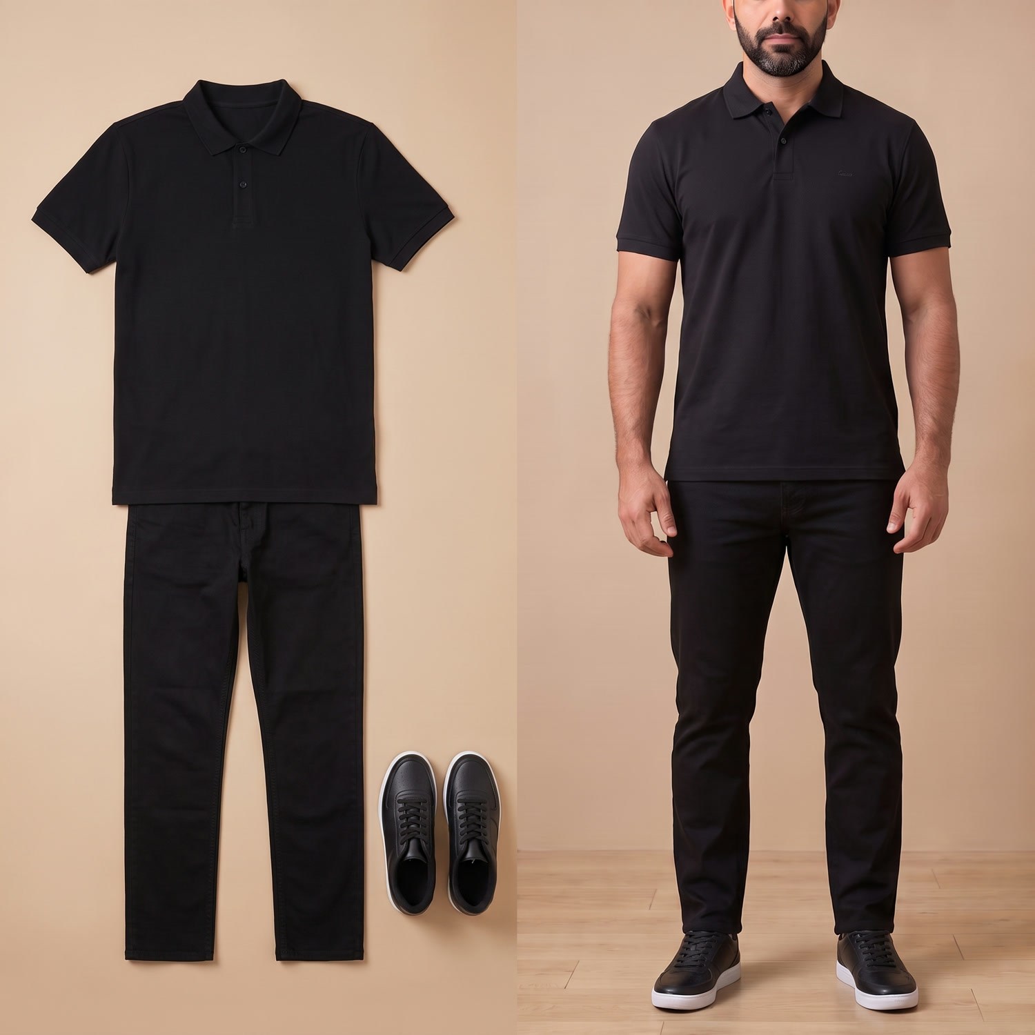 Siyah Polo Yaka Tişört Kot Pantolon Kombini Erkek | Slim Fit Şık Günlük Set