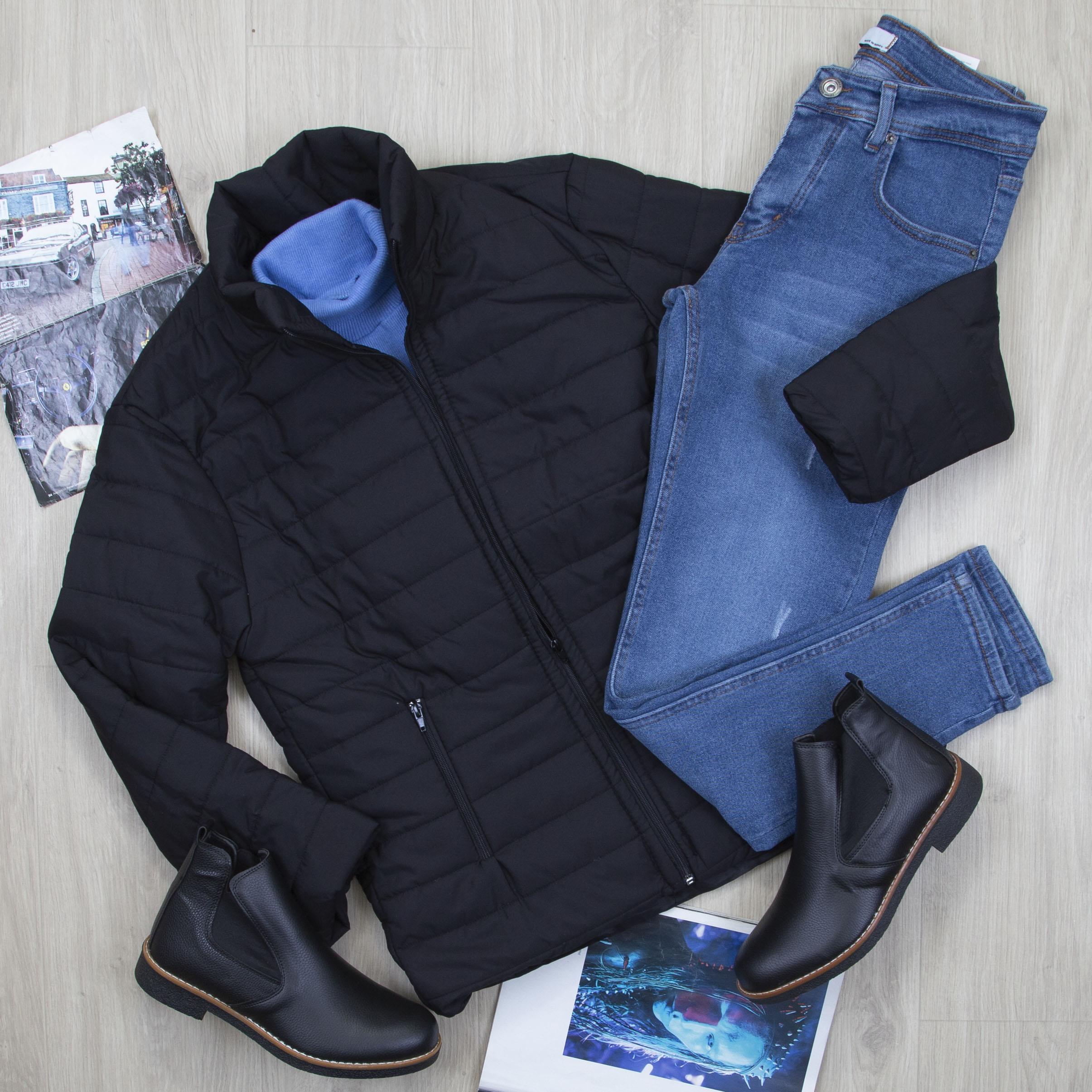 Siyah Şişme Mont Boğazlı Body Pantolon Bot Kombin