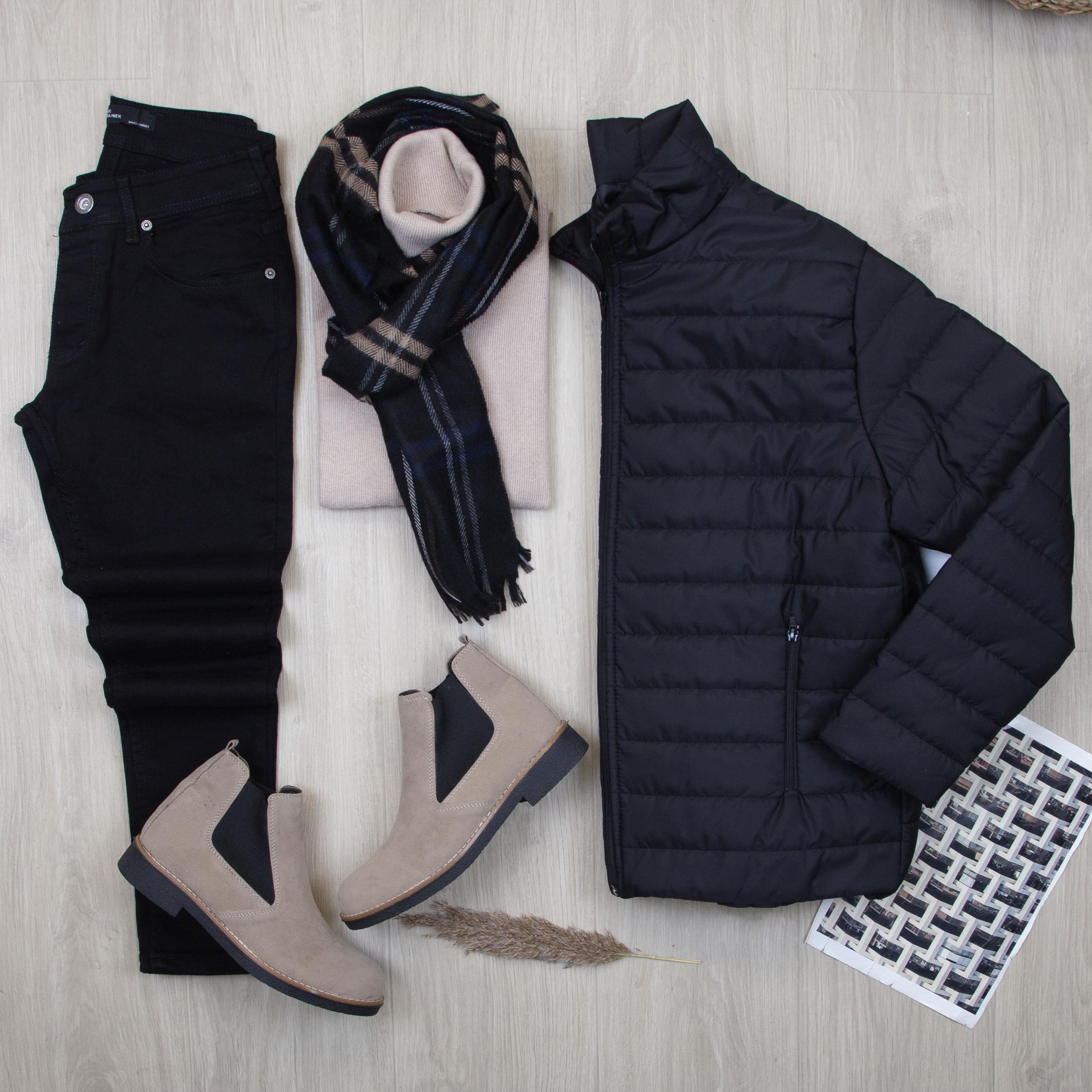 Siyah Şişme Mont Boğazlı Body Pantolon Bot Kombin