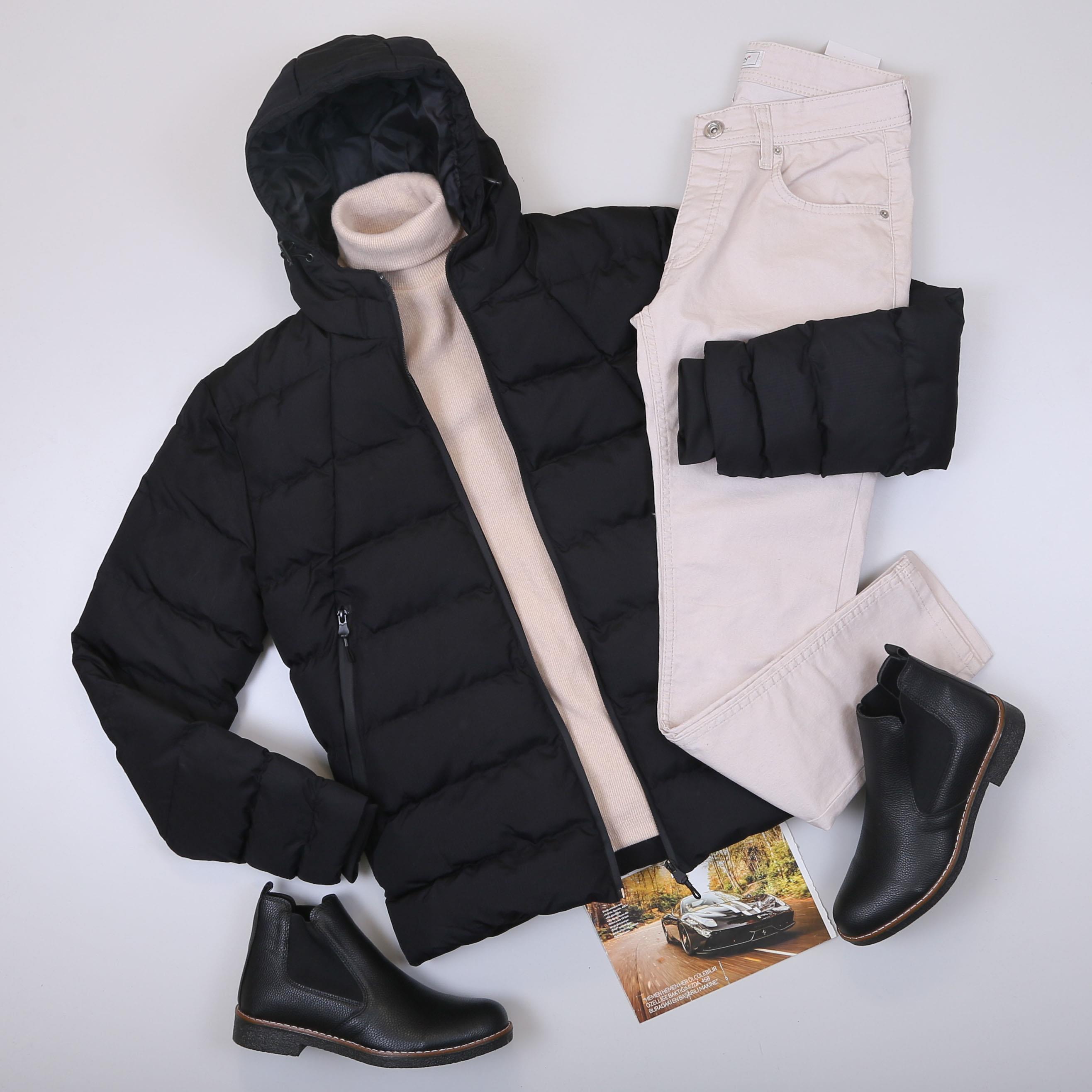 Siyah Şişme Mont Boğazlı Body Pantolon Bot Kombin