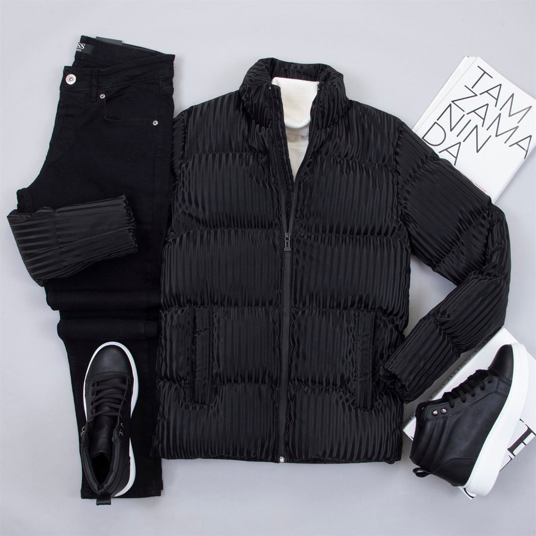 Siyah Şişme Mont Kazak Pantolon Ayakkabı Kombin