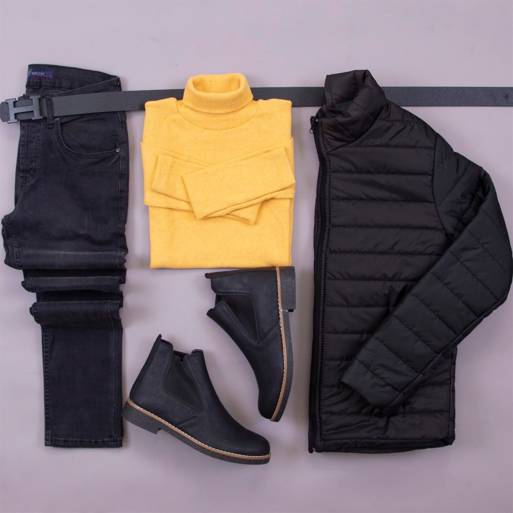 Siyah Şişme Mont Kazak Pantolon Bot Kombin