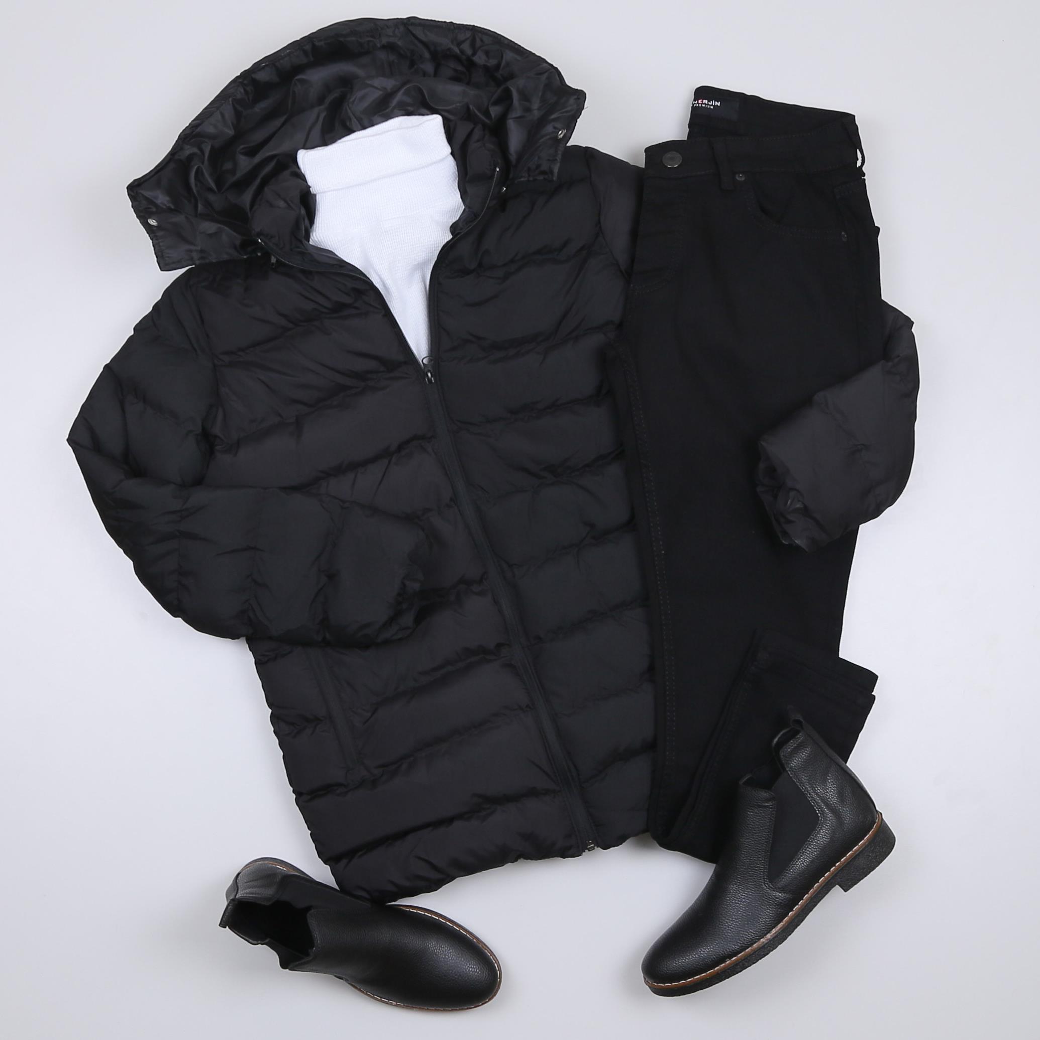 Siyah Şişme Mont Pantolon Bot Kombini