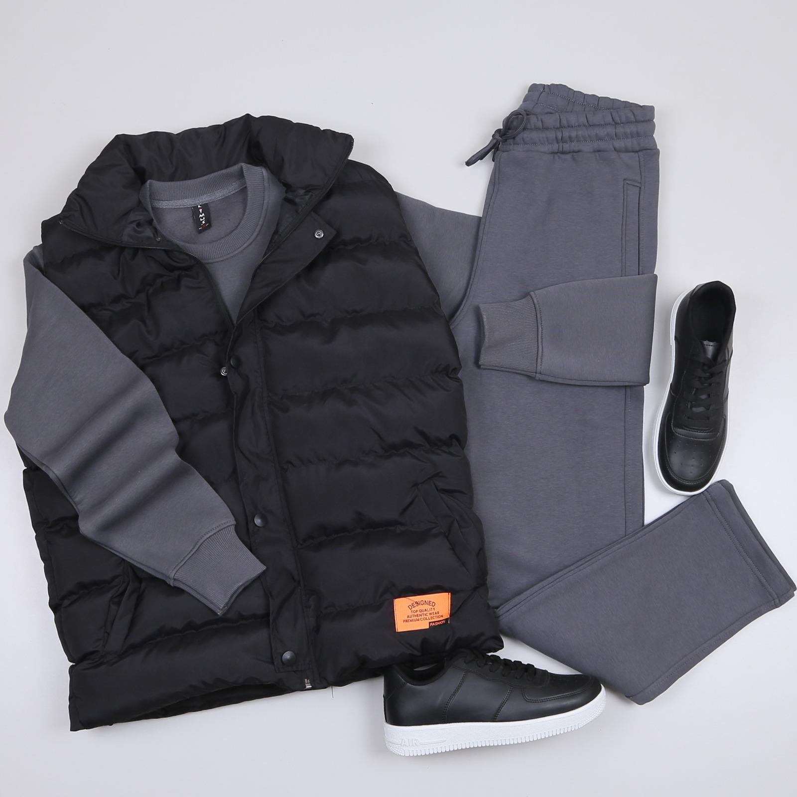 Siyah Şişme Yelek Füme Sweatshirt Eşofman Ayakkabı Kombin