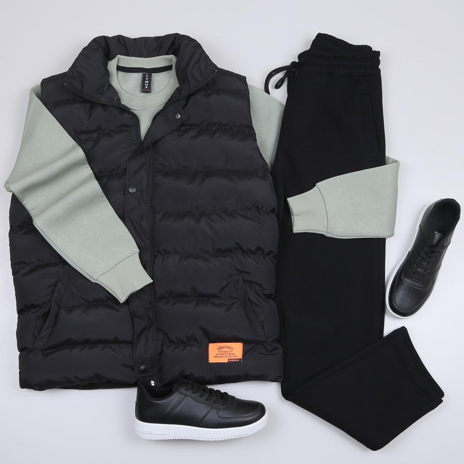 Siyah Şişme Yelek Sweat Eşofman Ayakkabı Kombin