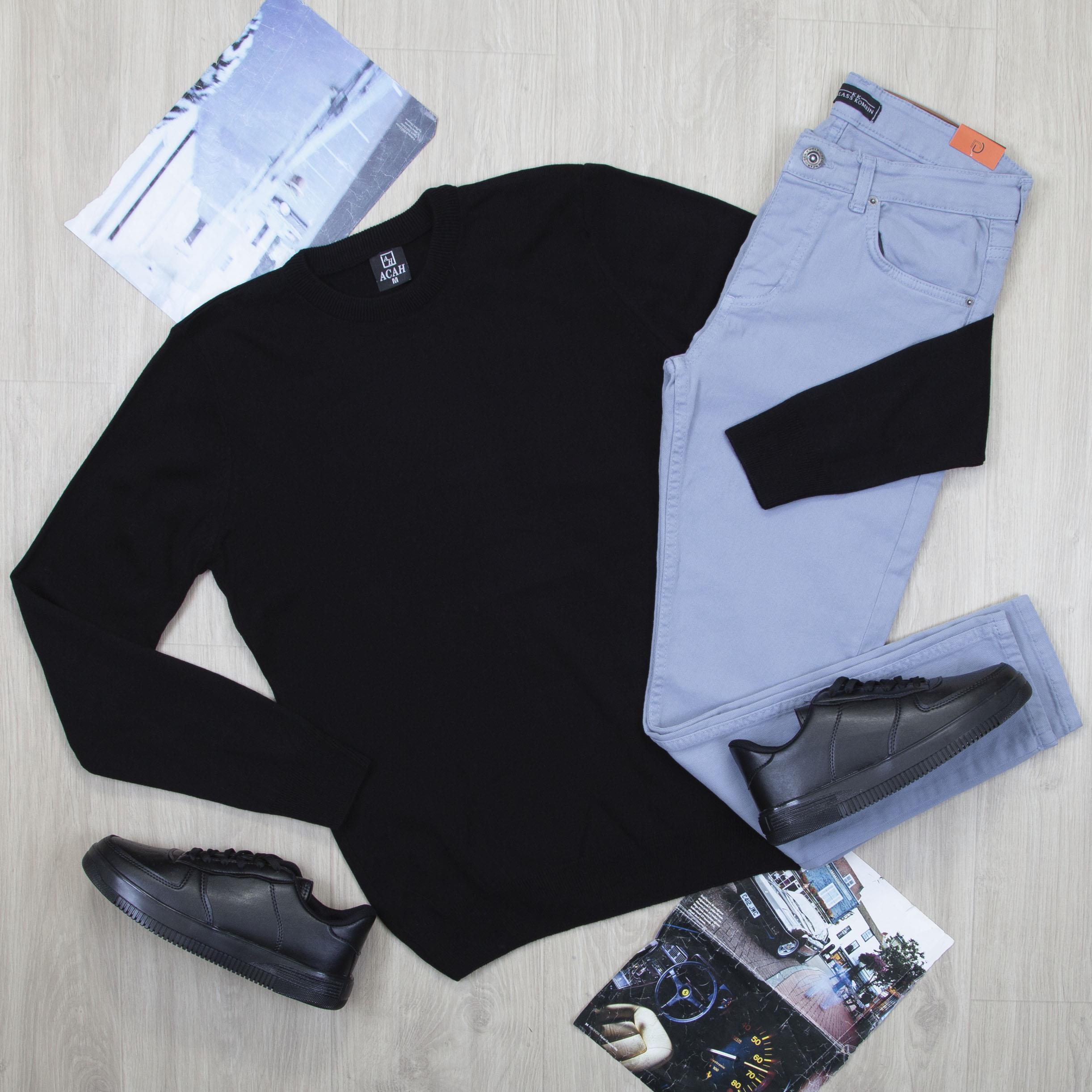 Siyah Triko Kazak Pantolon Ayakkabı Kombin