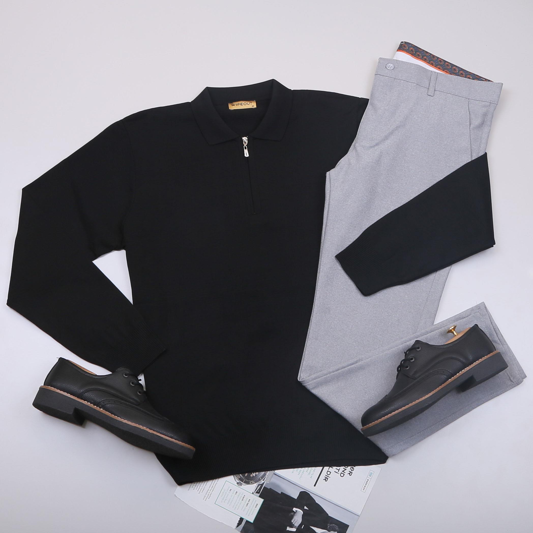 Siyah Triko Polo Yaka Pantolon Ayakkabı Kombin