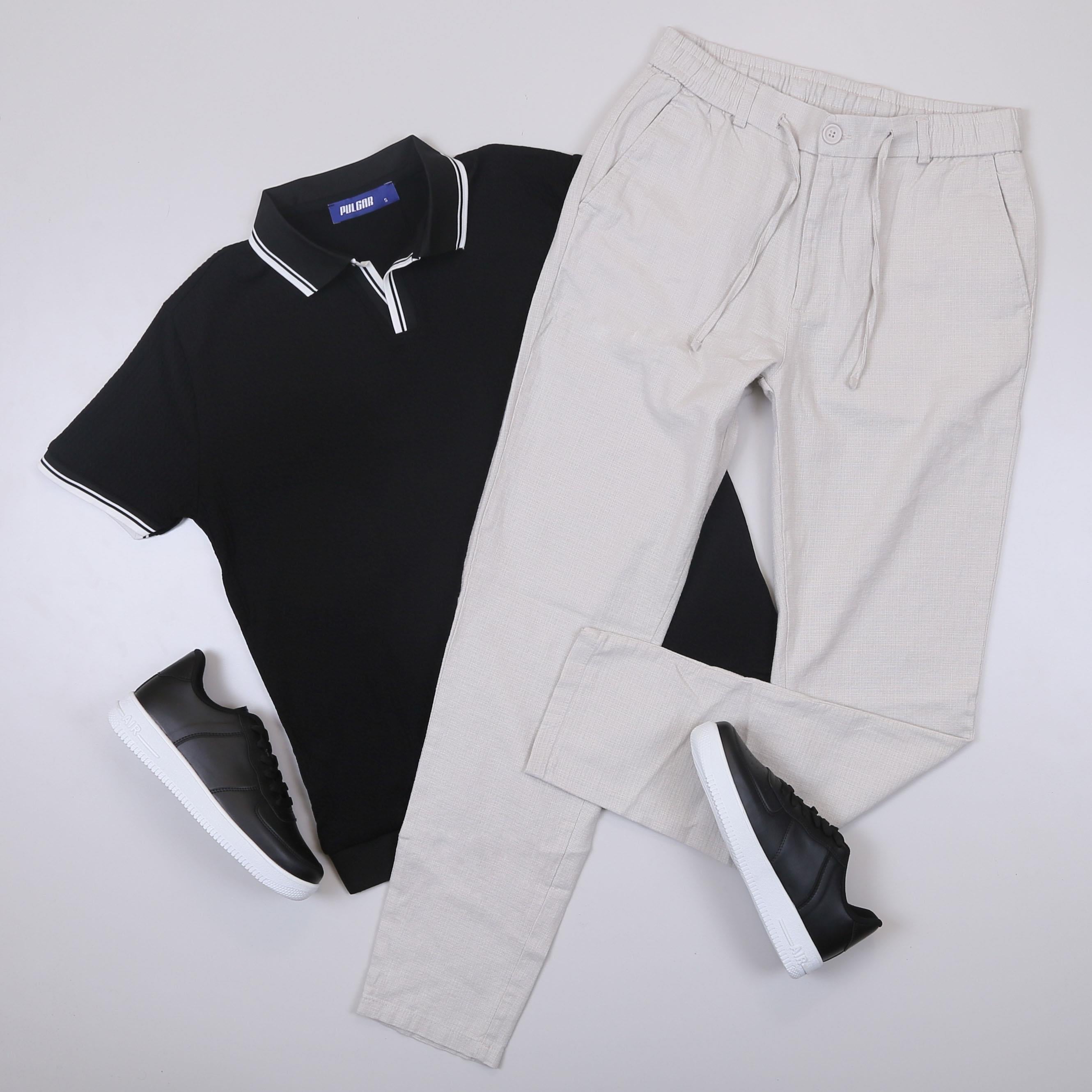 Siyah Triko Polo Yaka Tişört Pantolon Ayakkabı Kombin