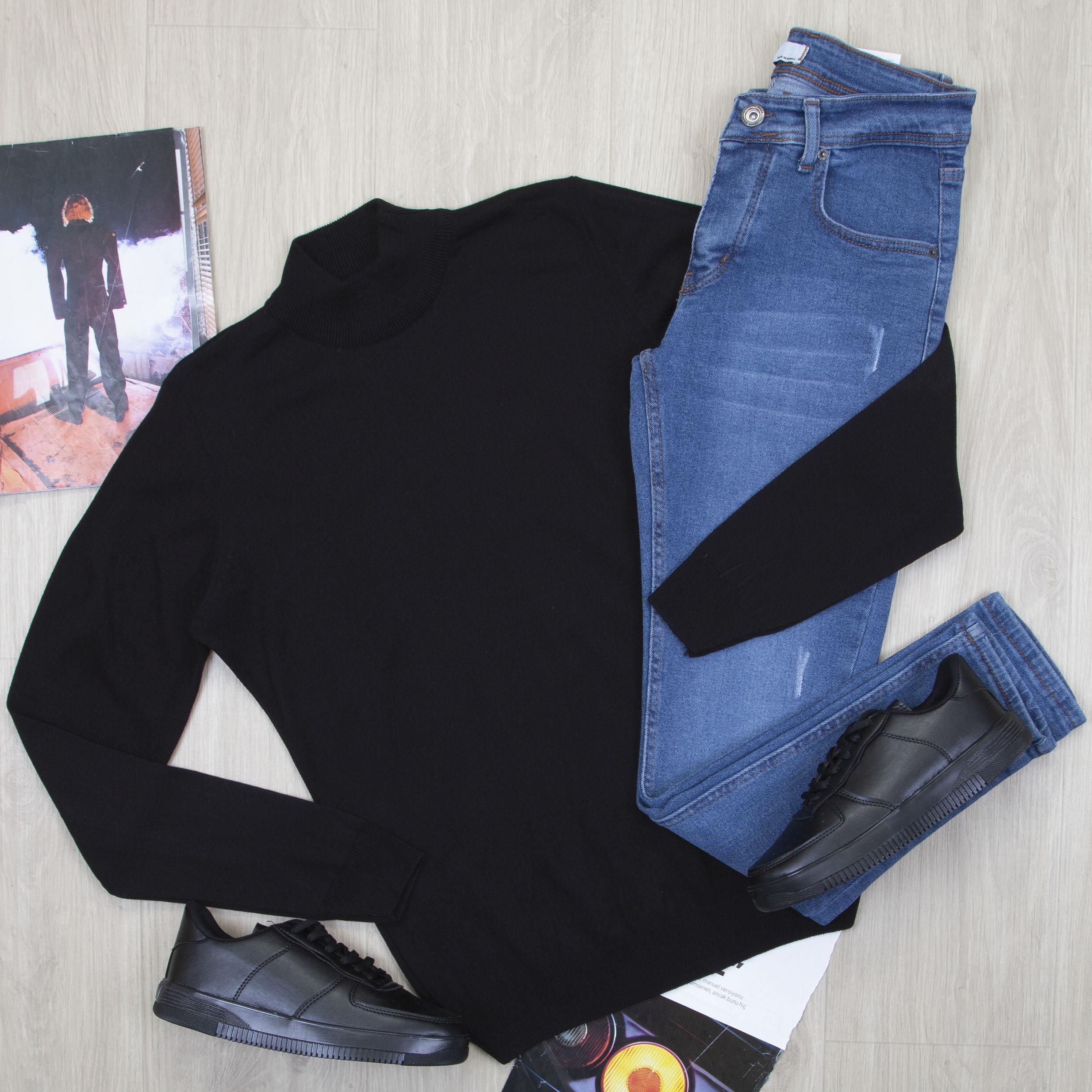 Siyah Yarım Balıkçı Kazak Pantolon Ayakkabı Kombin