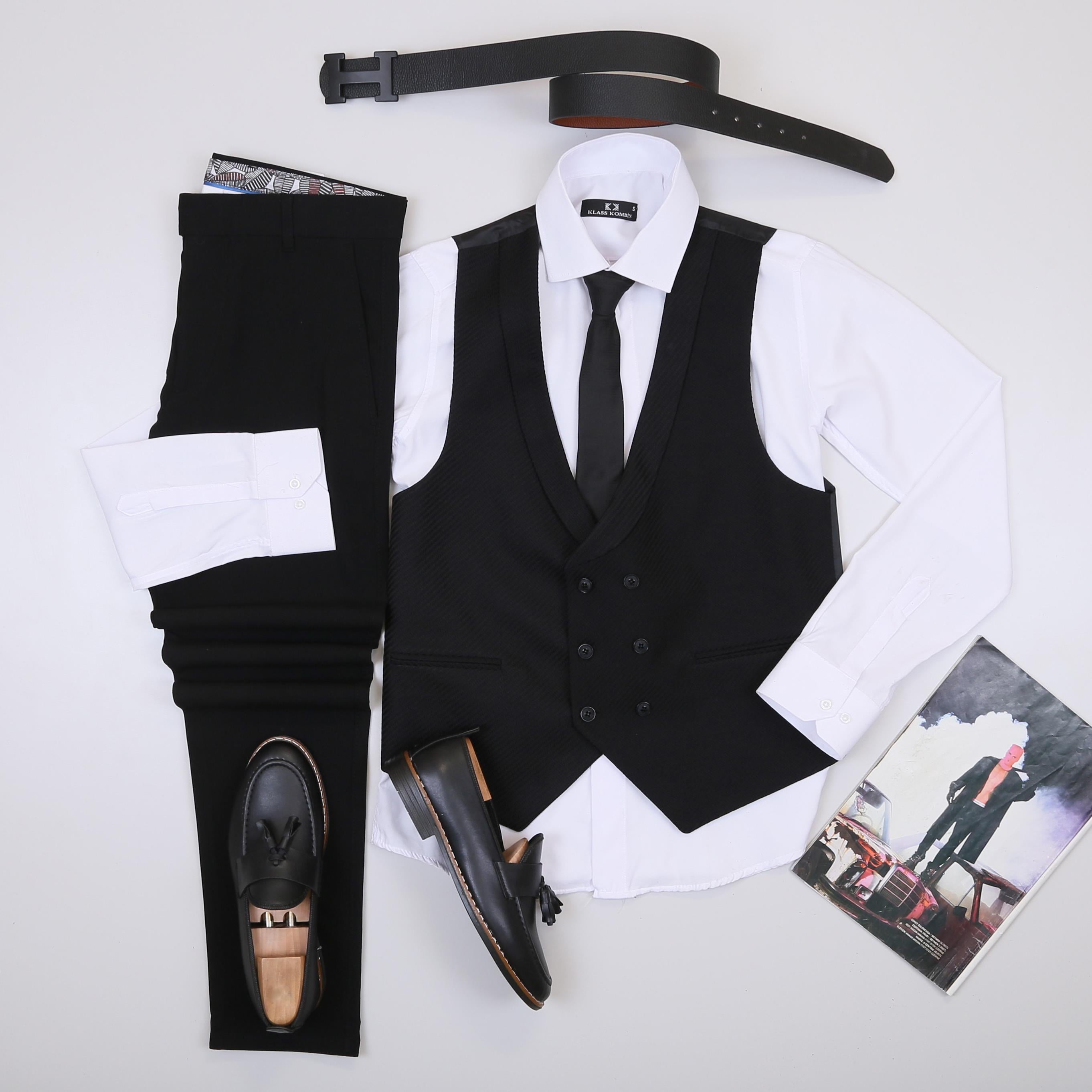 Siyah Yelek Gömlek Pantolon Ayakkabı Kombin