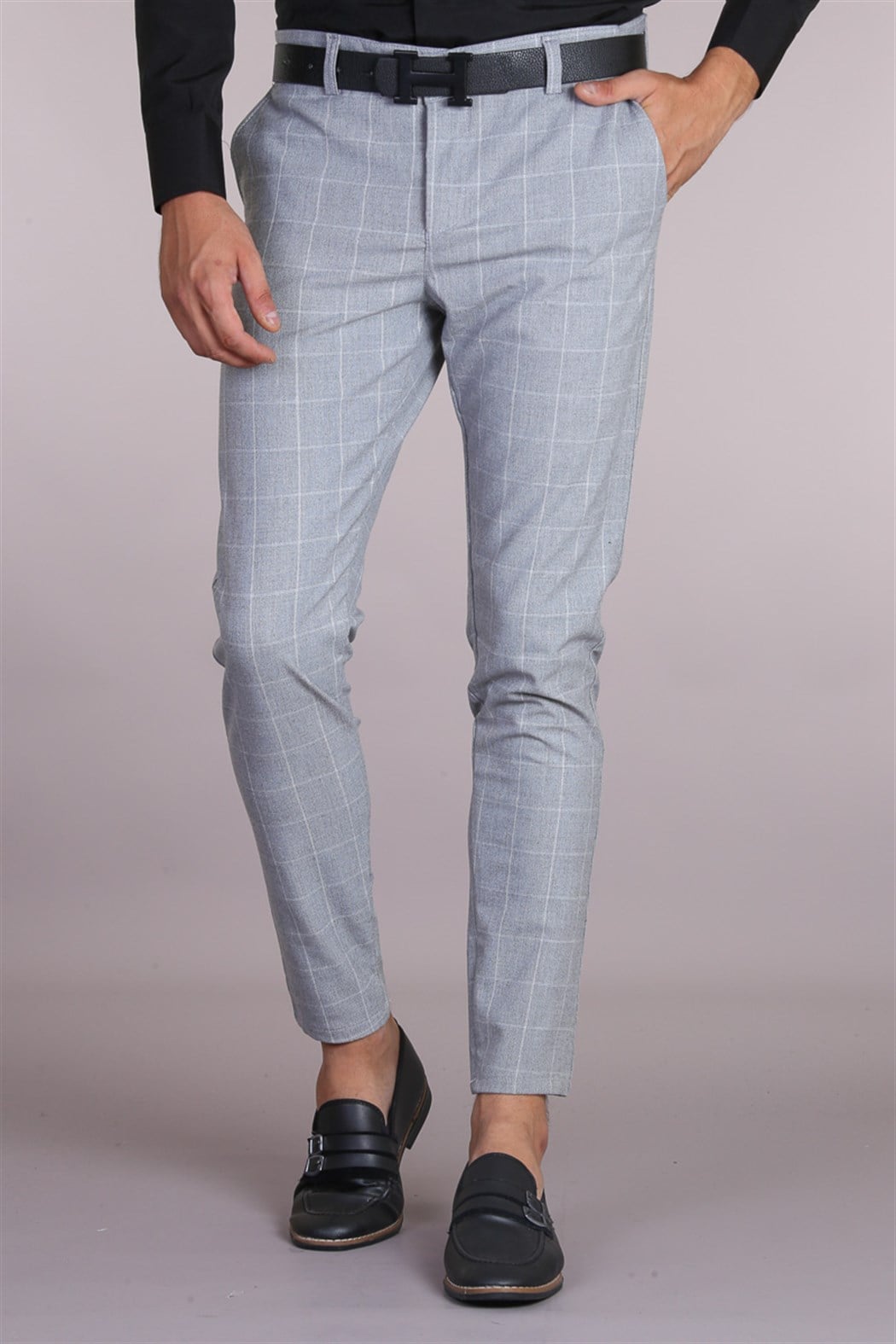 Slim Fit Ekose Füme Pantolon