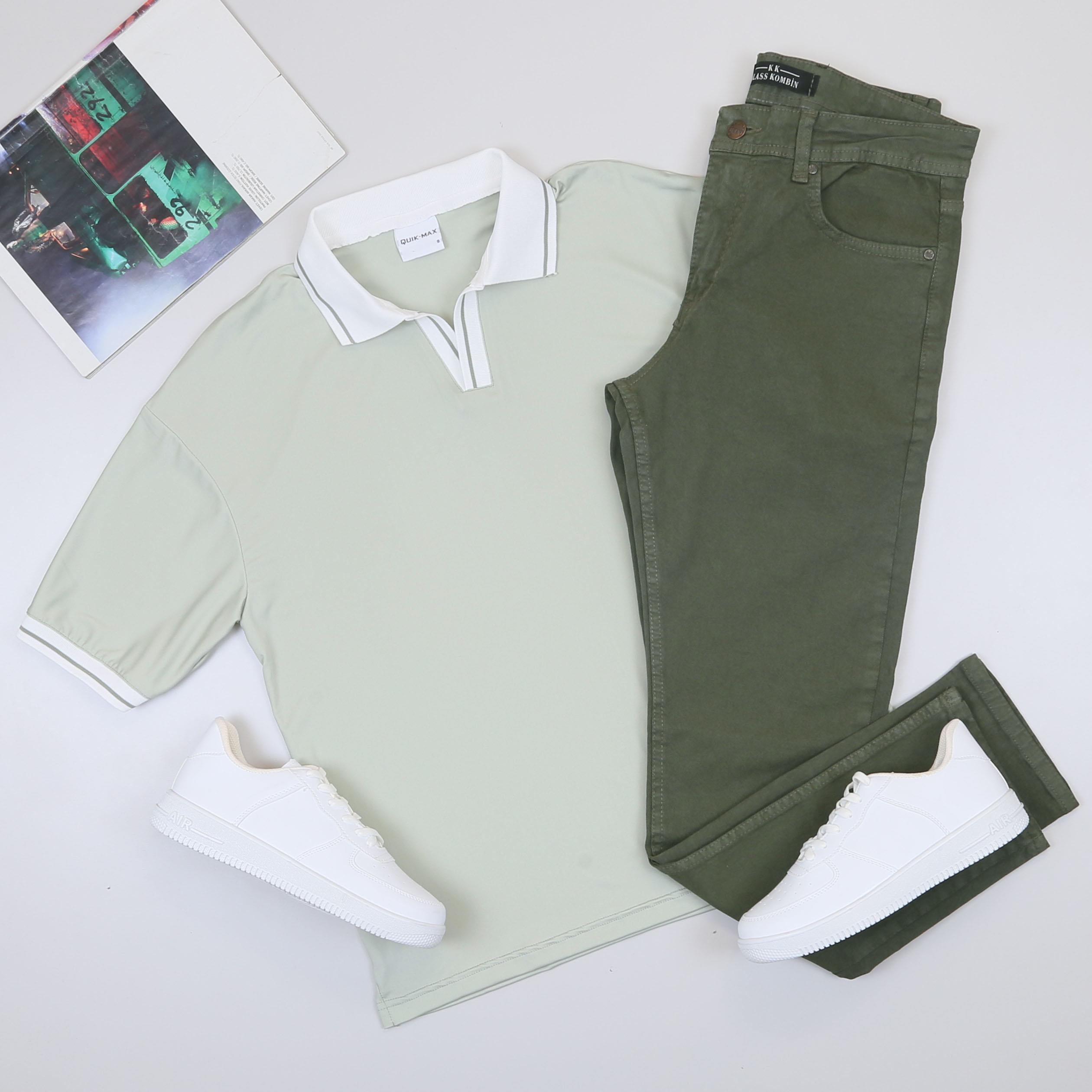 Su Yeşili Forma Kumaş Polo Yaka Tişört Pantolon Ayakkabı Kombin