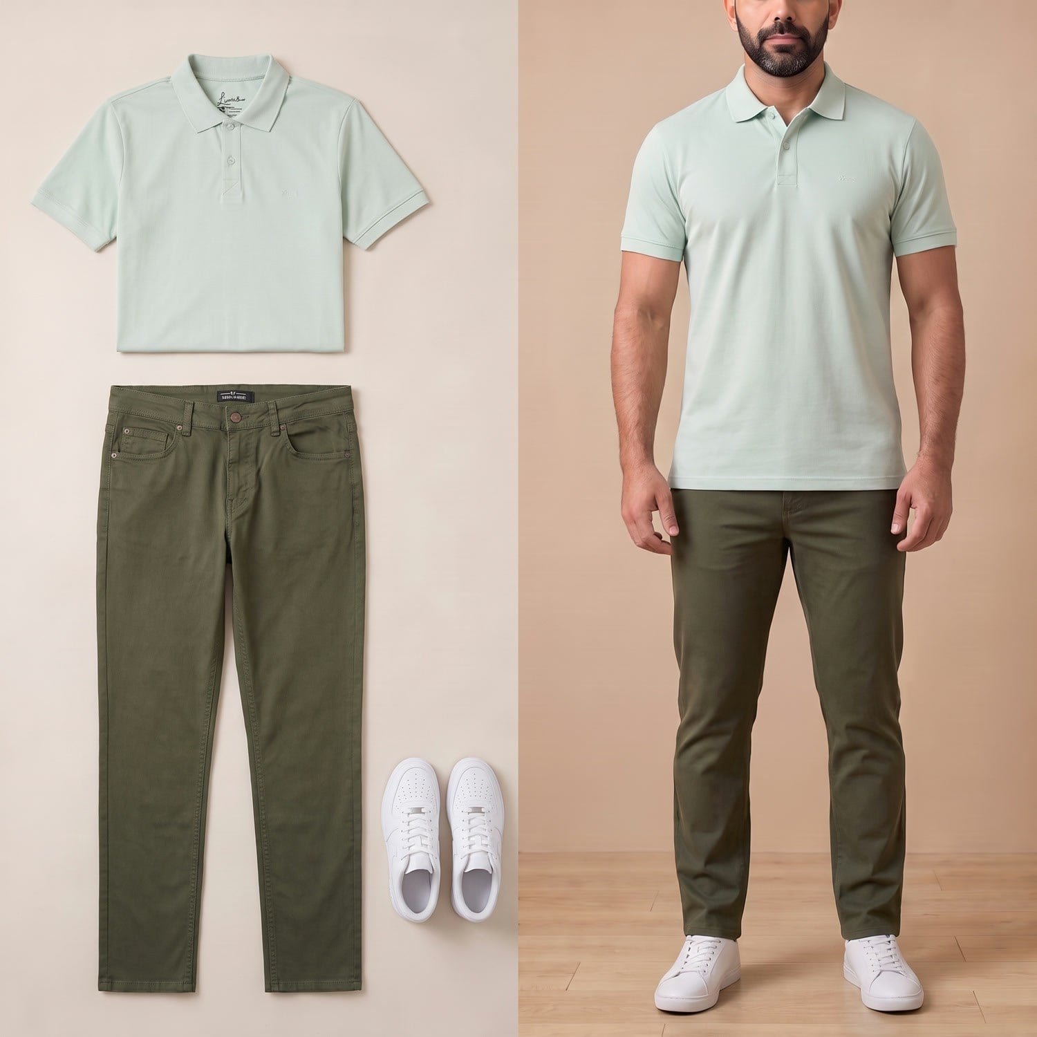 Su Yeşili Polo Yaka Tişört Kombini Erkek | Slim Fit Şık Komple Set