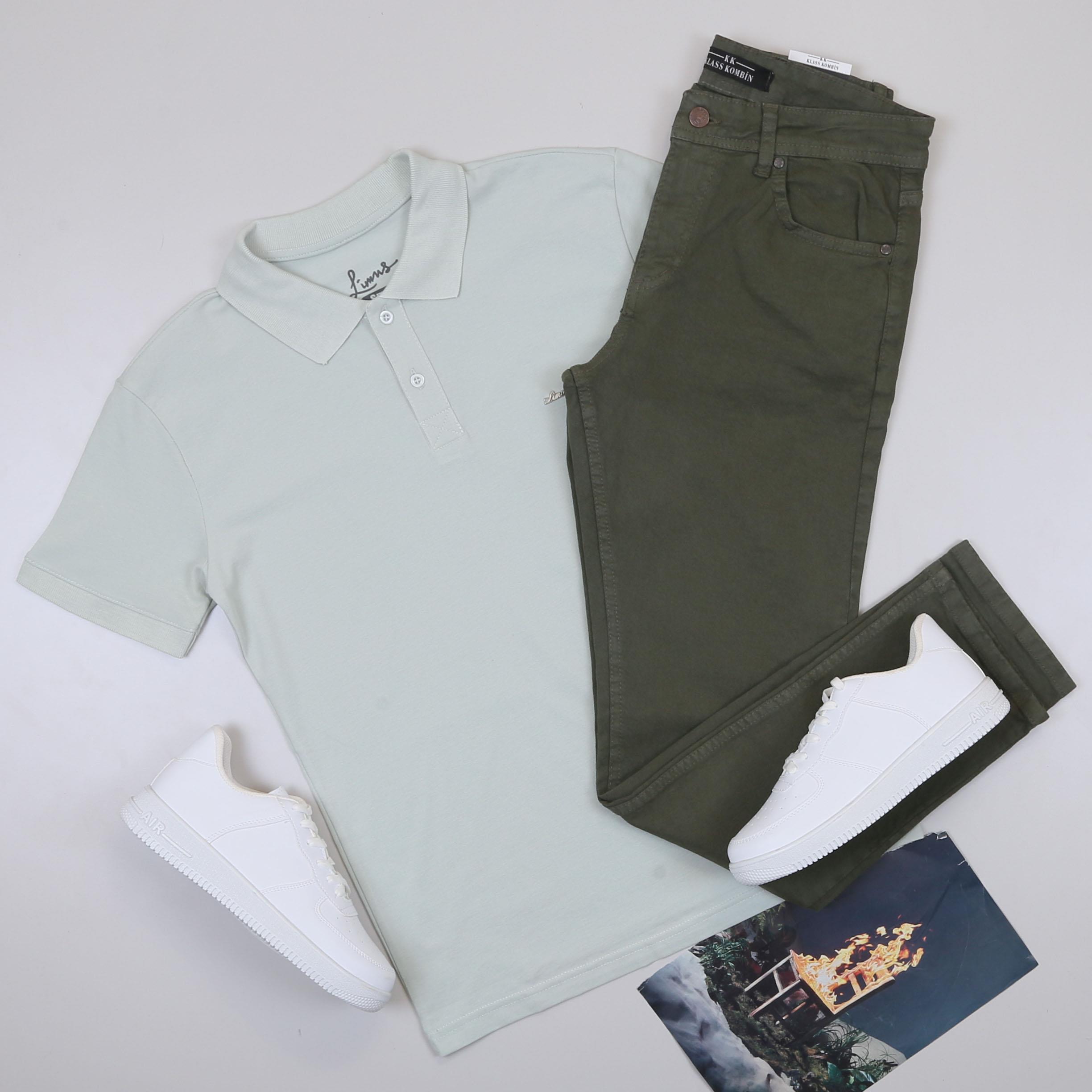 Su Yeşili Polo Yaka Tişört Pantolon Ayakkabı Kombin