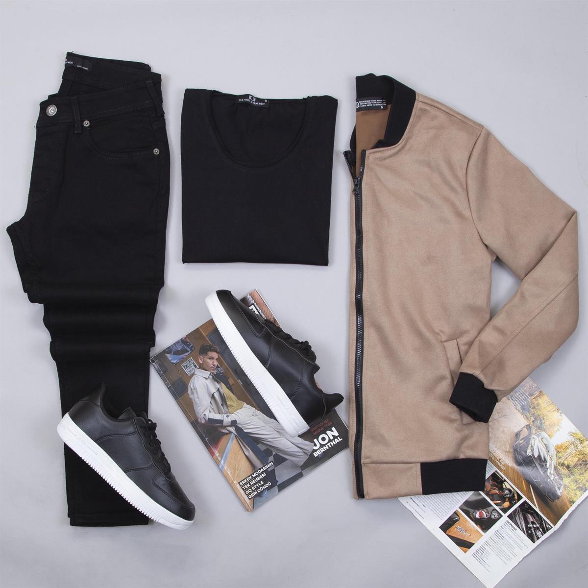 Sütlü Kahve Nubuk Ceket Tişört Pantolon Ayakkabı Kombin