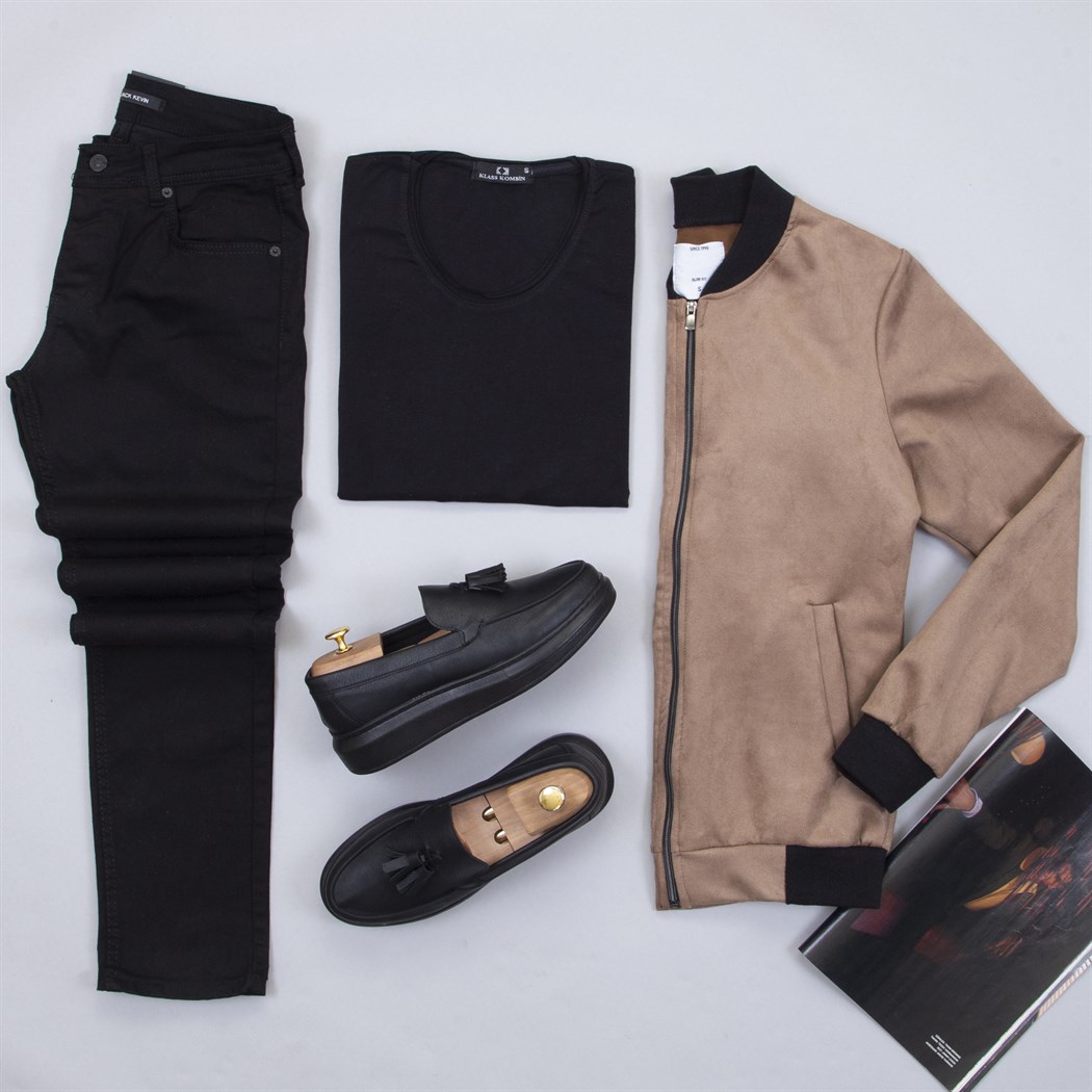 Sütlü Kahve Nubuk Ceket Tişört Pantolon Ayakkabı Kombin