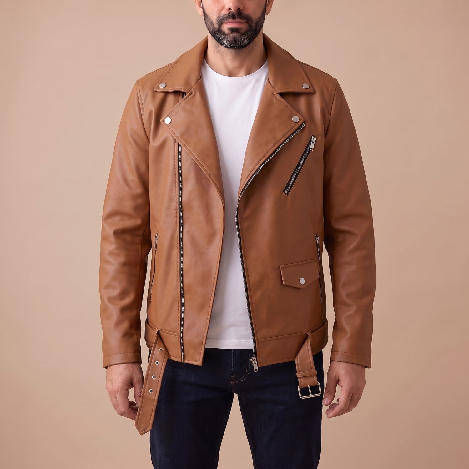 Taba Biker Deri Ceket Erkek