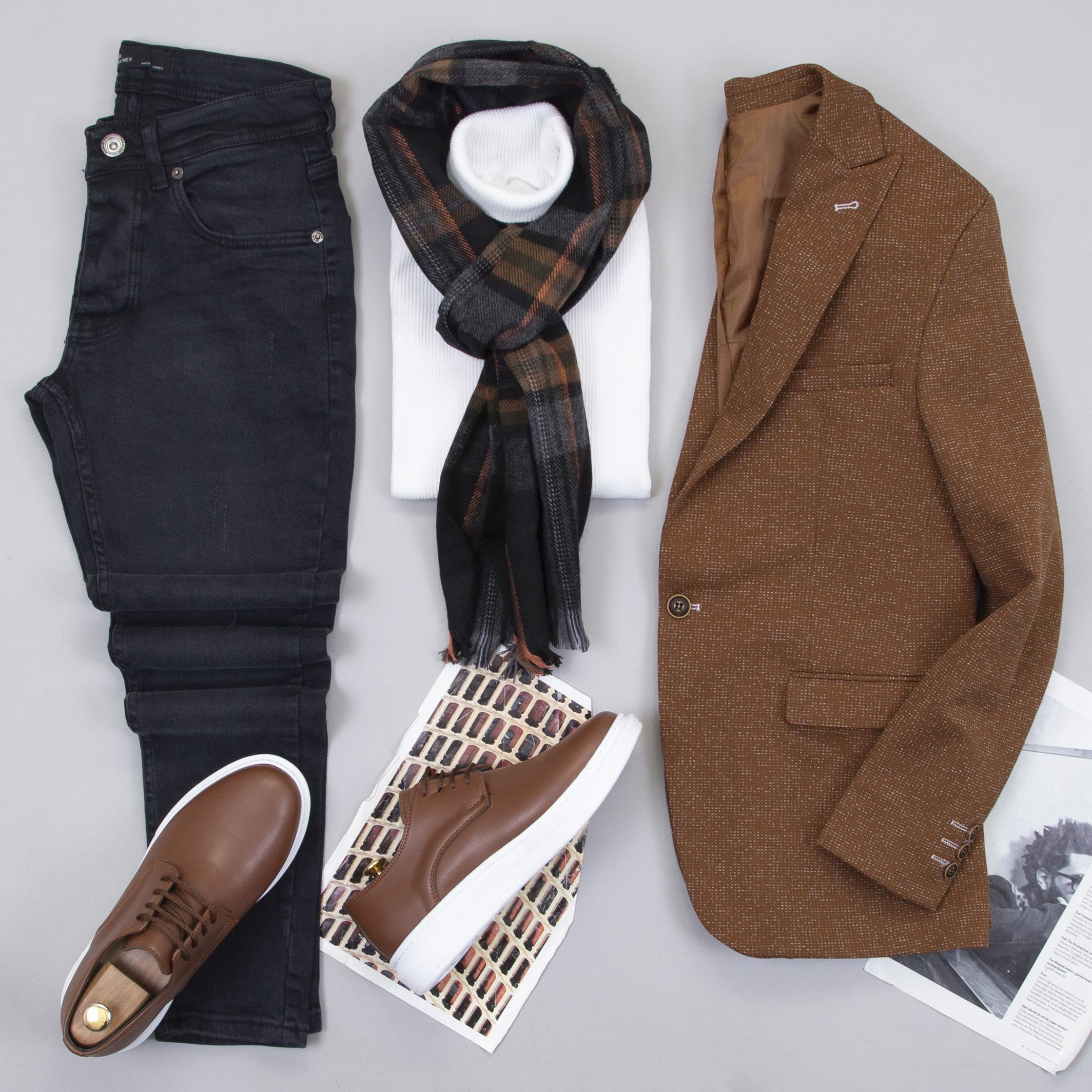 Taba Blazer Ceket Boğazlı Body Pantolon Atkı Ayakkabı Kombin