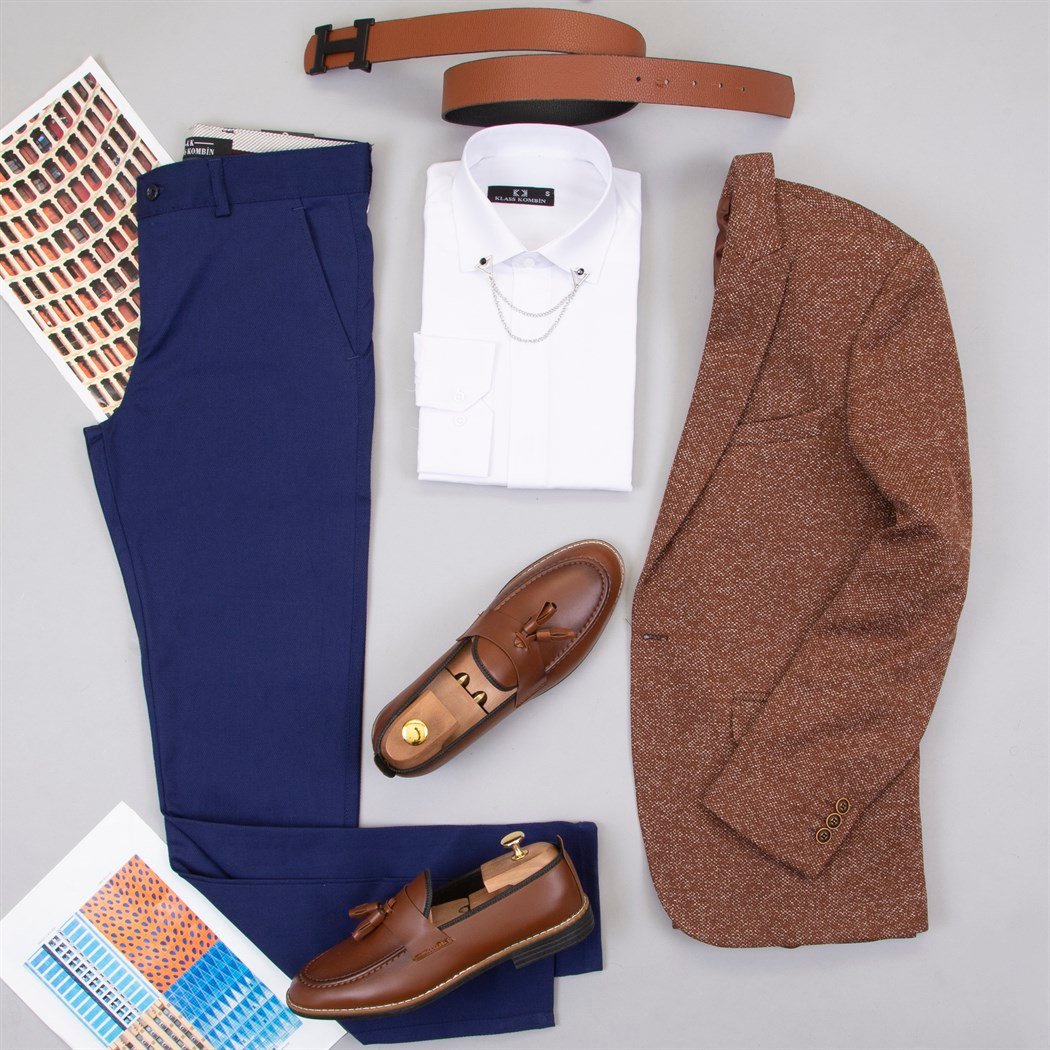 Taba Blazer Ceket Tişört Pantolon Ayakkabı Kombin
