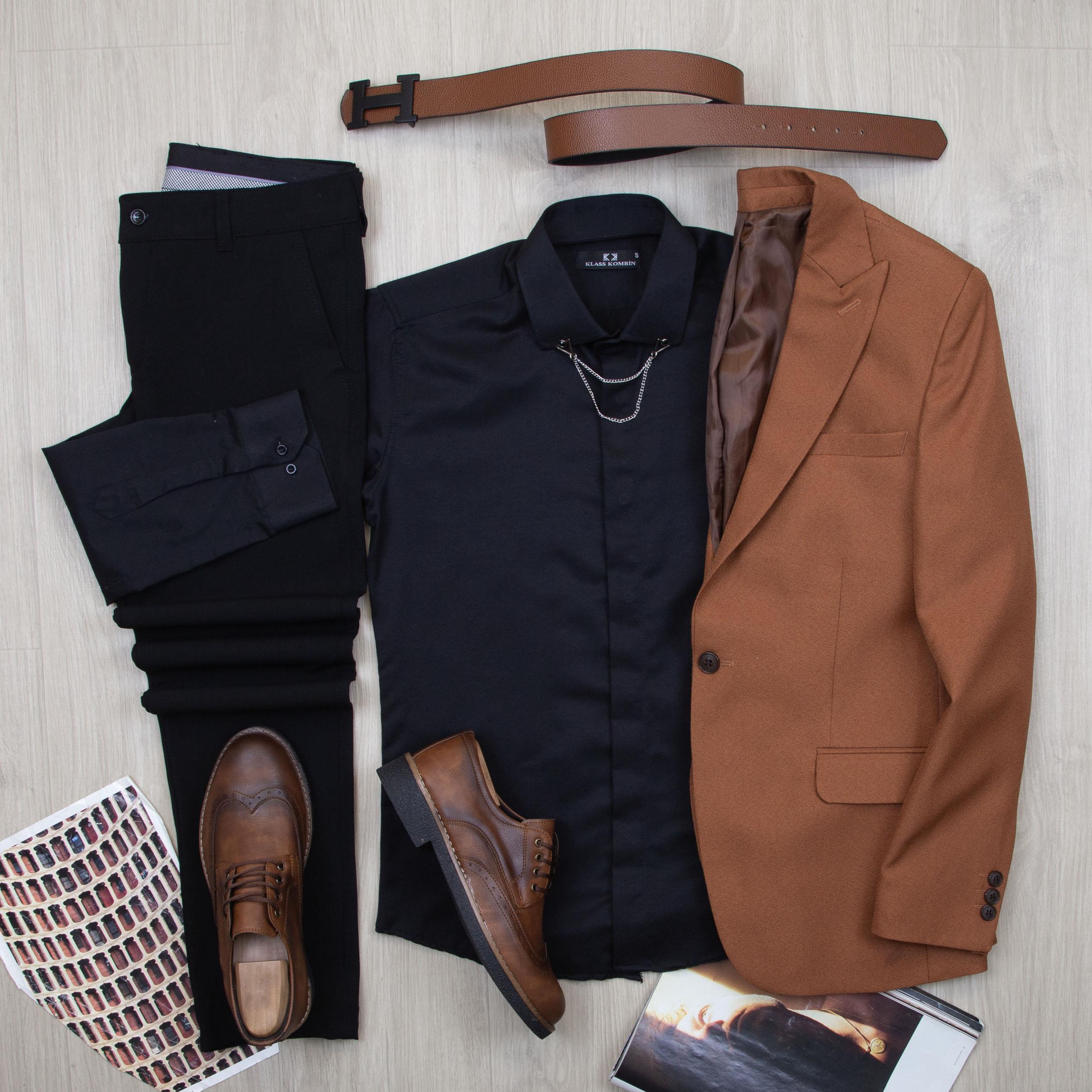 Taba Blazer Ceket Gömlek Pantolon Ayakkabı Kombin