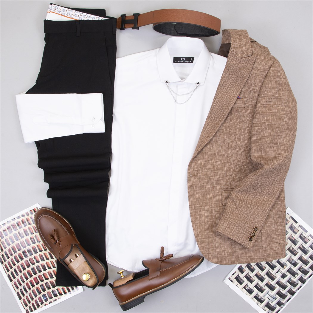 Taba Blazer Ceket Gömlek Pantolon Ayakkabı Kombin