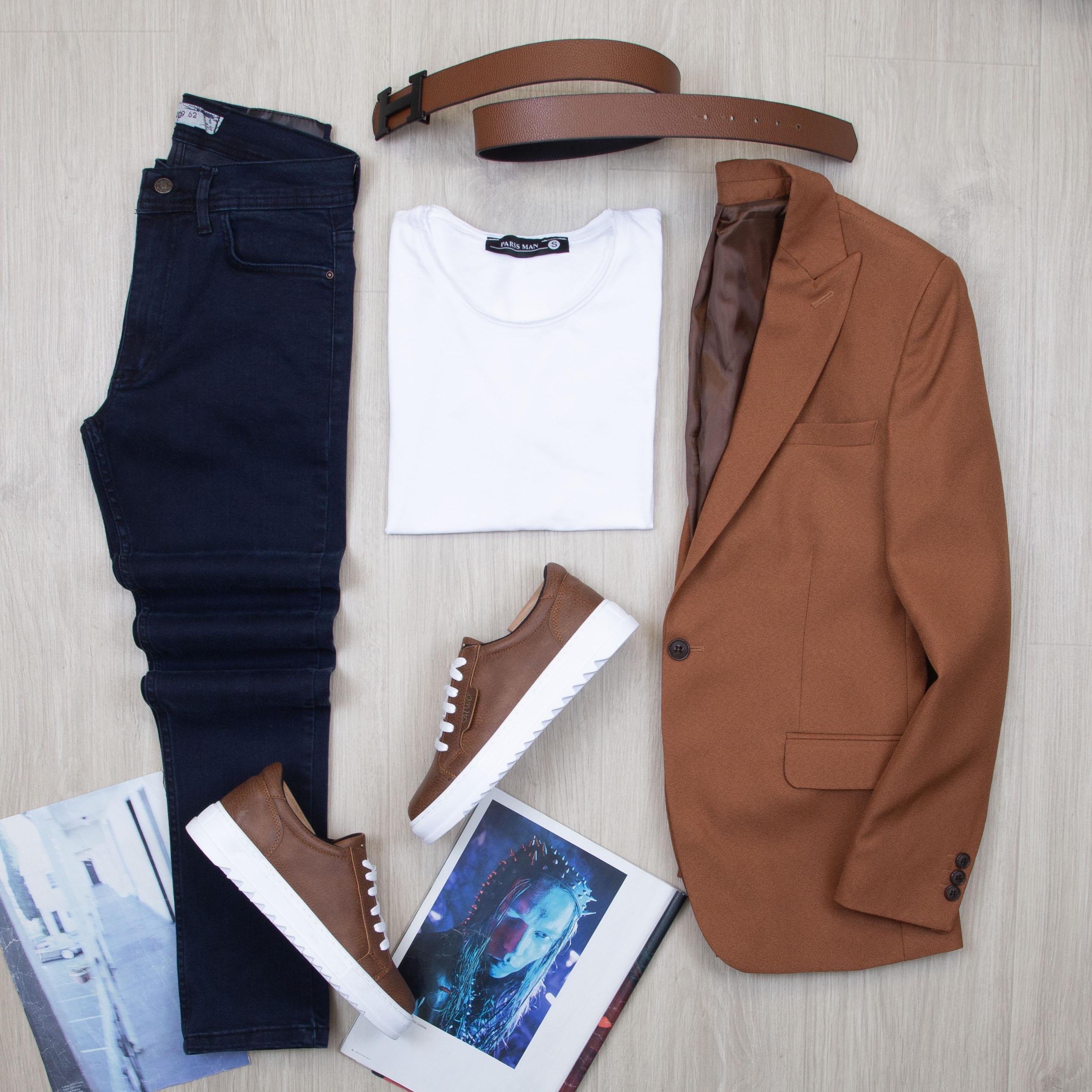 Taba Blazer Ceket Tişört Pantolon Ayakkabı Kombin