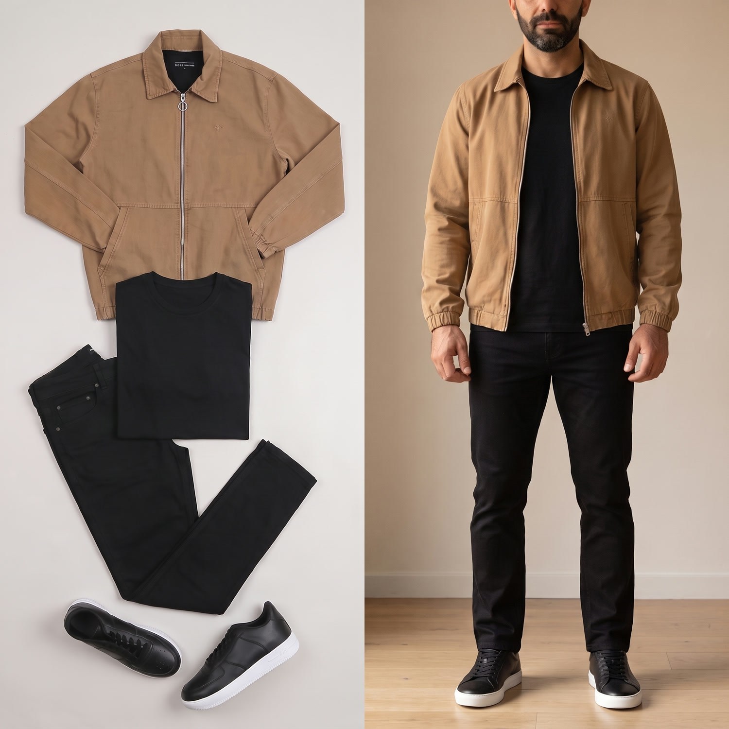 Taba Bomber Ceket Tişört Pantolon Ayakkabı Kombini