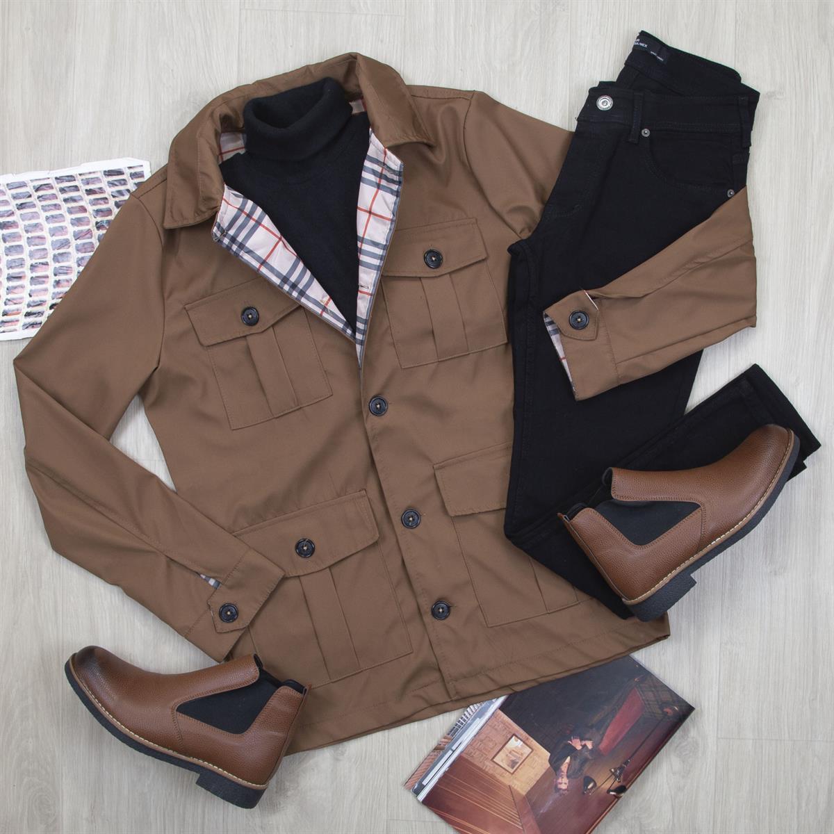 Taba Ceket Boğazlı Body Pantolon Bot Kombin