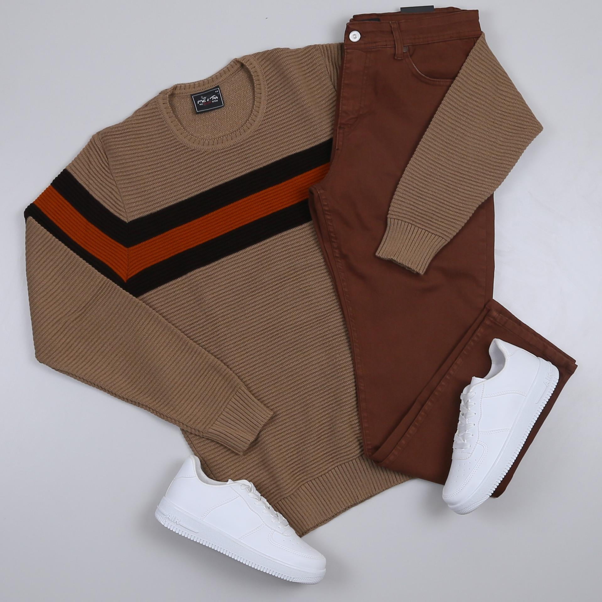 Taba Çizgili Kazak Pantolon Ayakkabı Kombini