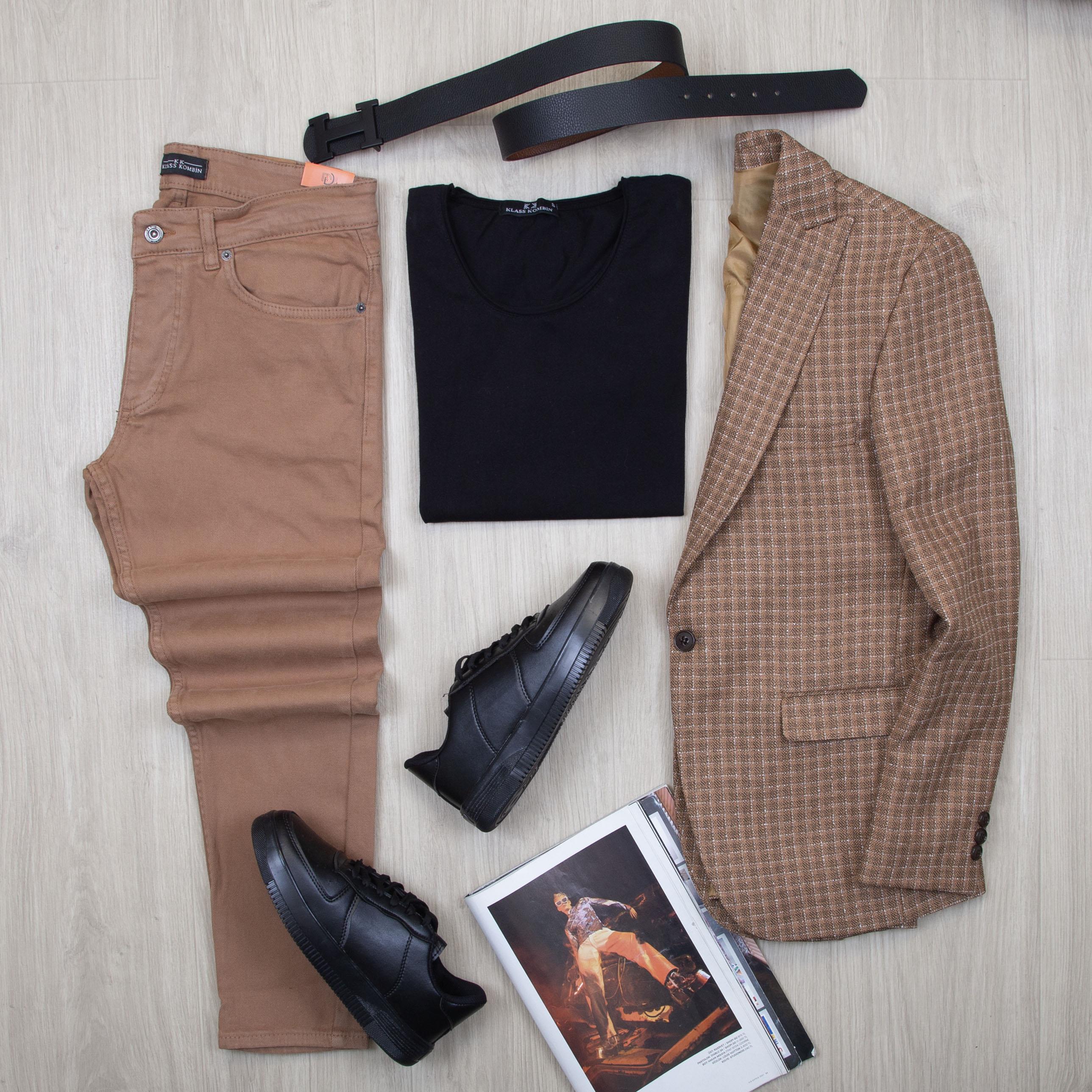 Taba Ekose Blazer Ceket Tişört Pantolon Ayakkabı Kombin