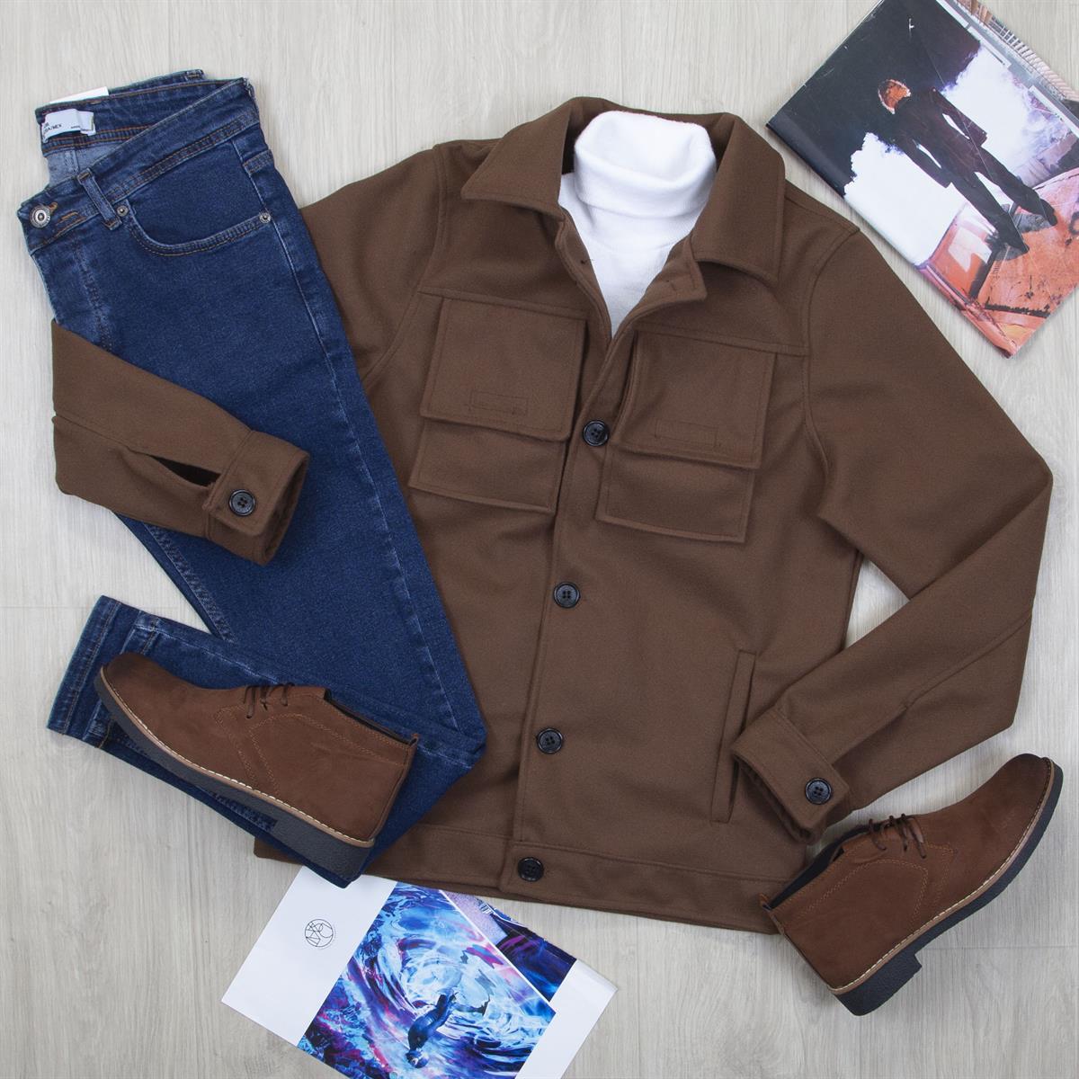 Taba Kaşe Ceket Boğazlı Body Pantolon Bot Kombin