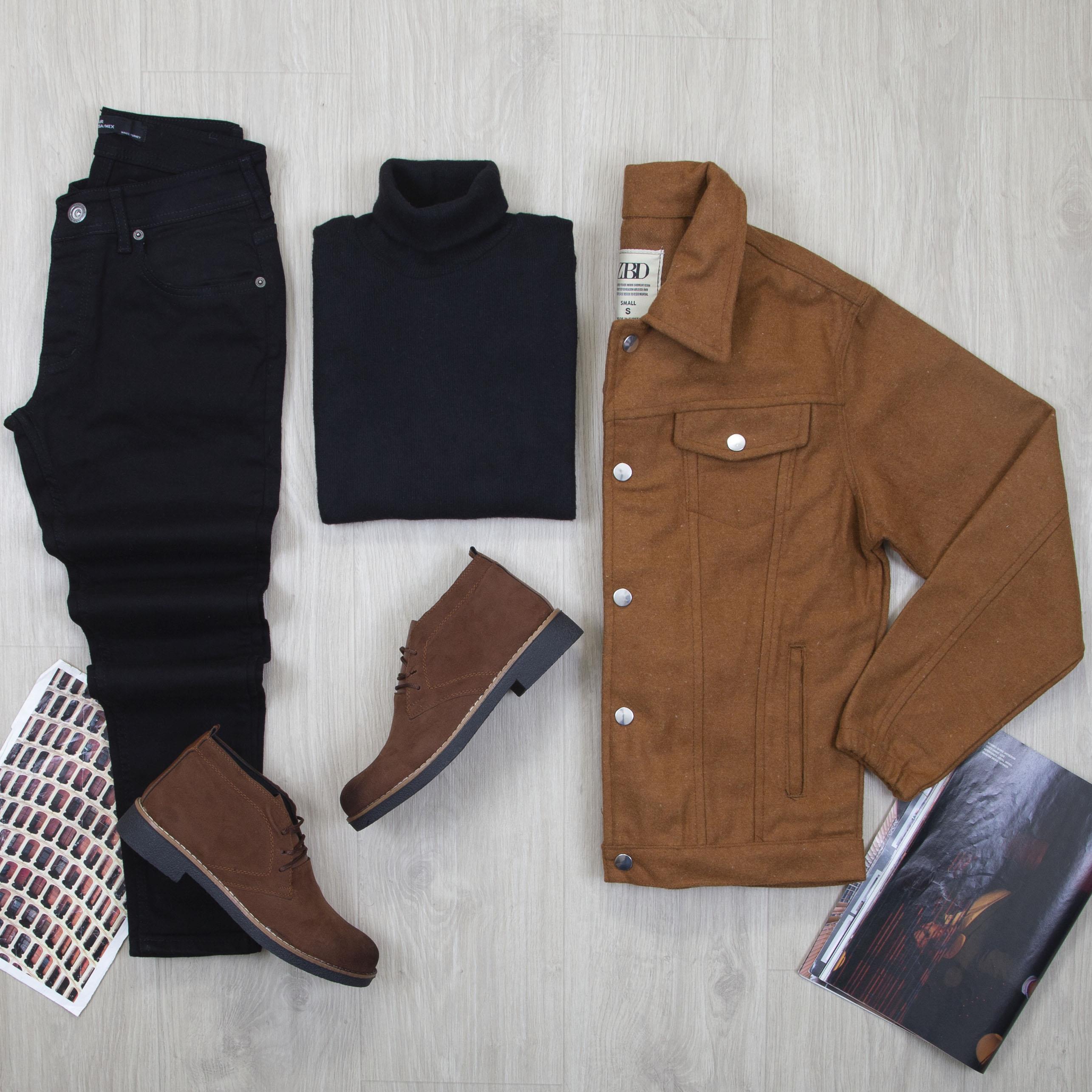 Taba Kaşe Ceket Boğazlı Body Pantolon Bot Kombin